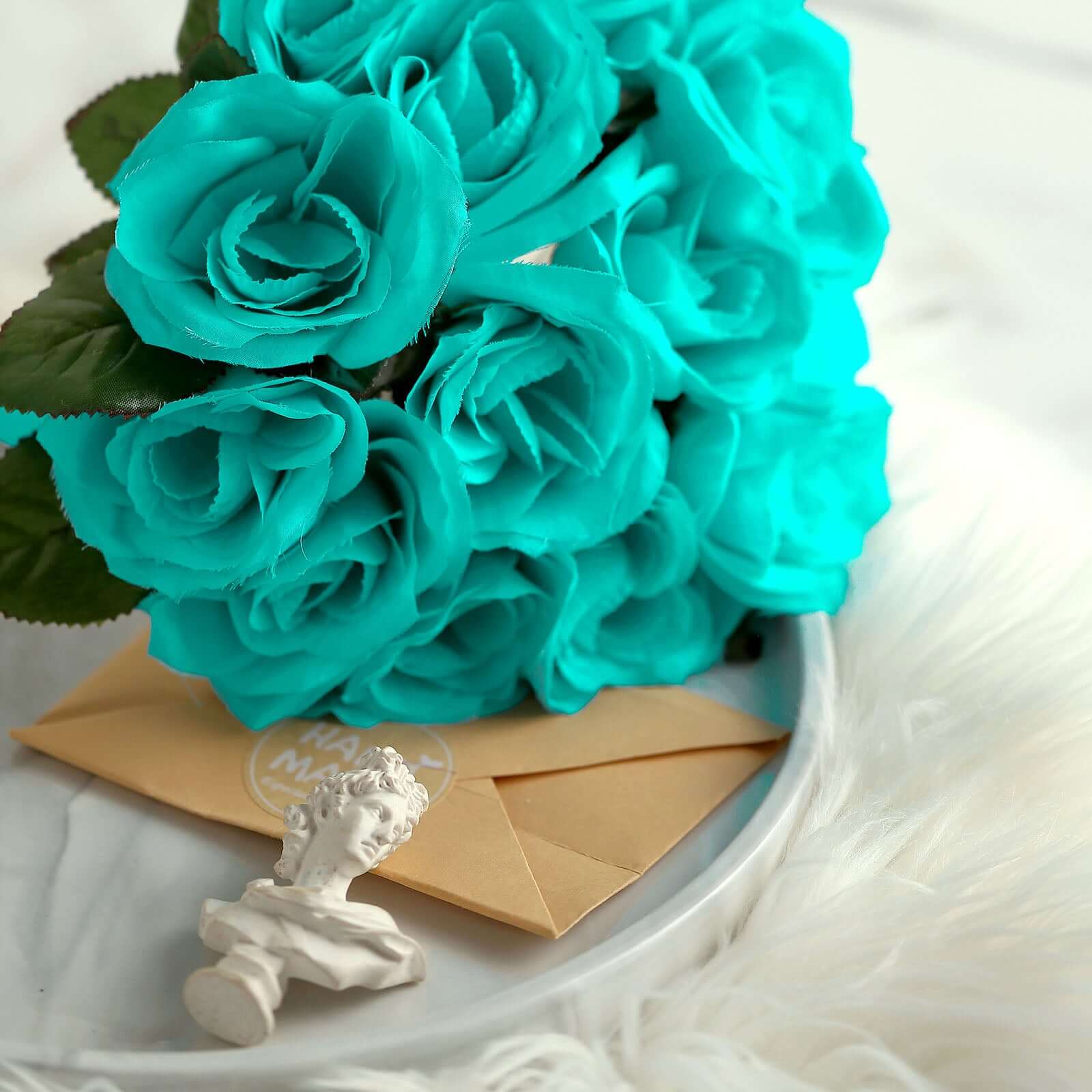 12 Turquoise Artificial Velvet-Like Fabric Rose Flower Bouquet Bush