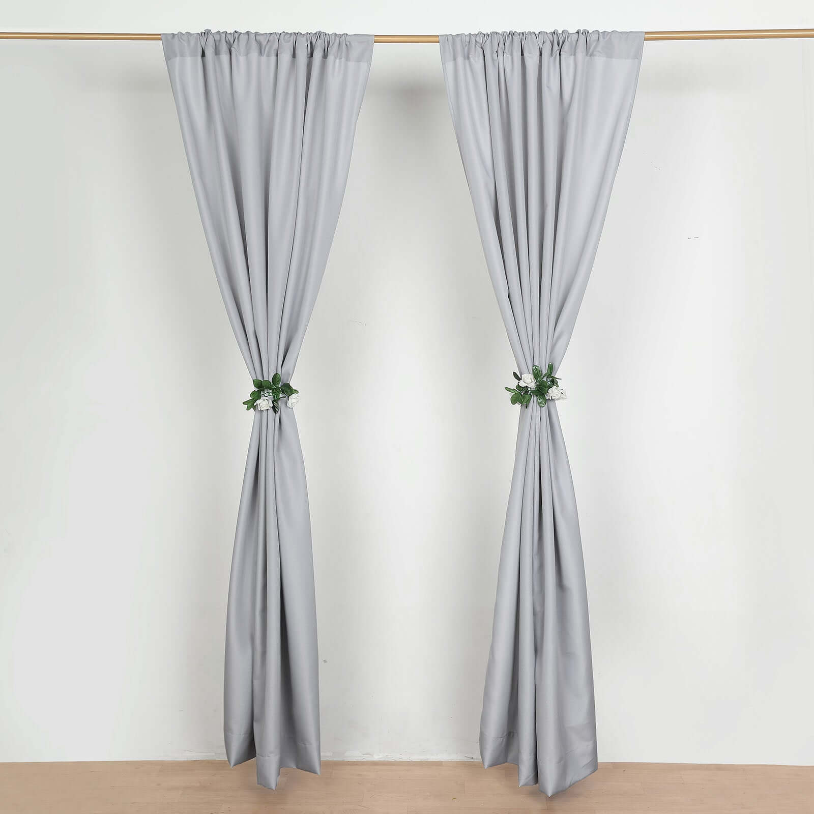 2 Pack Silver Polyester Event Curtain Drapes, 10ftx8ft Backdrop Event Panels With Rod Pockets 130 GSM