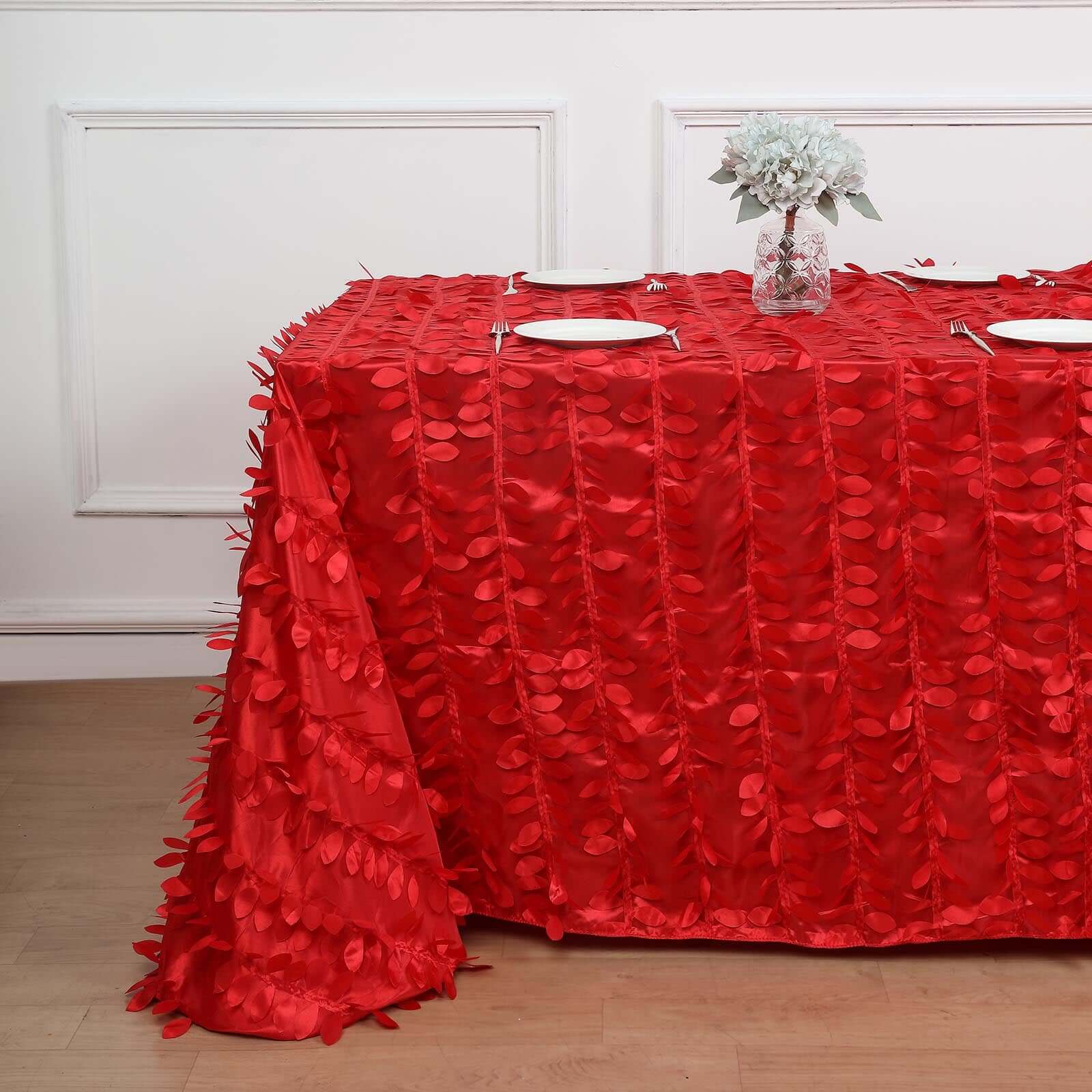 Taffeta 90x132 Rectangle Tablecloth Red | 3D Leaf Petal Design Seamless Table Cover
