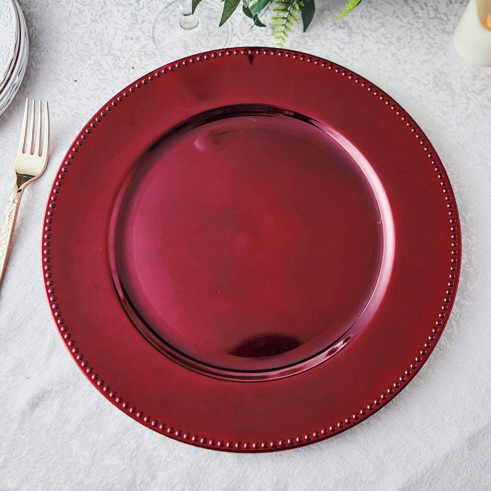 6-Pack Acrylic Round Charger Plates 13 in Burgundy with Beaded Rim, Dinner Charger Event Tabletop Decor