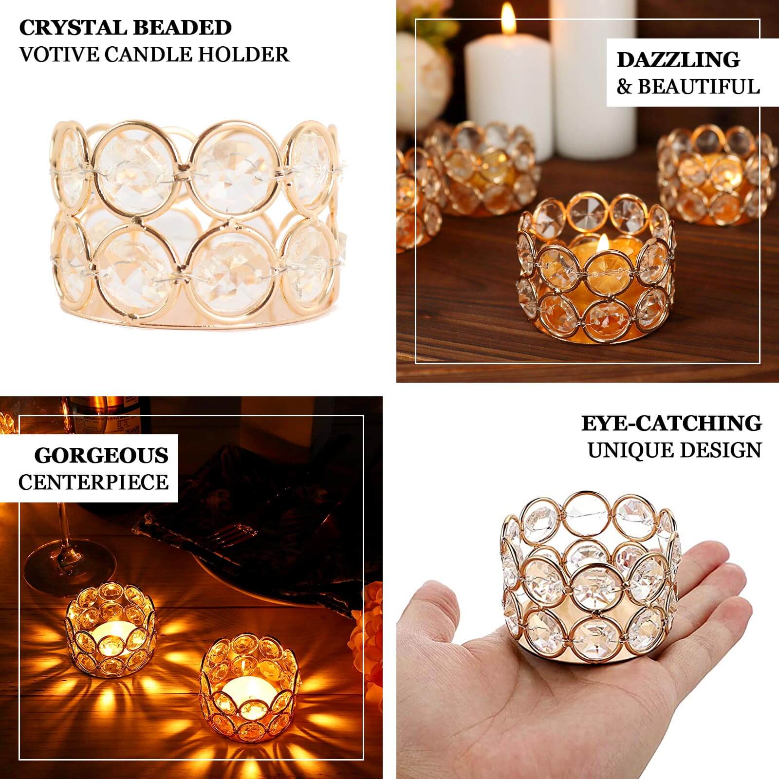 6-Pack Crystal Beaded Tea Light Candle Holders Gold Metal 1.5 - Stylish Votive Candle Stands for Weddings