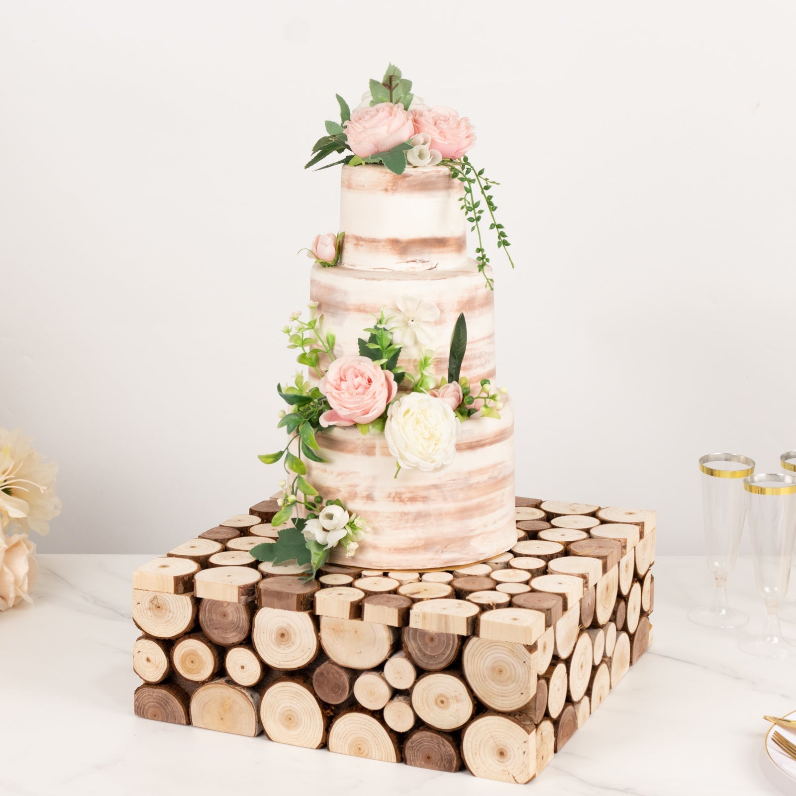 Wooden Cake Stand 14x14 Square Design Rustic Natural Slices - Farmhouse Display Box Pedestal Riser