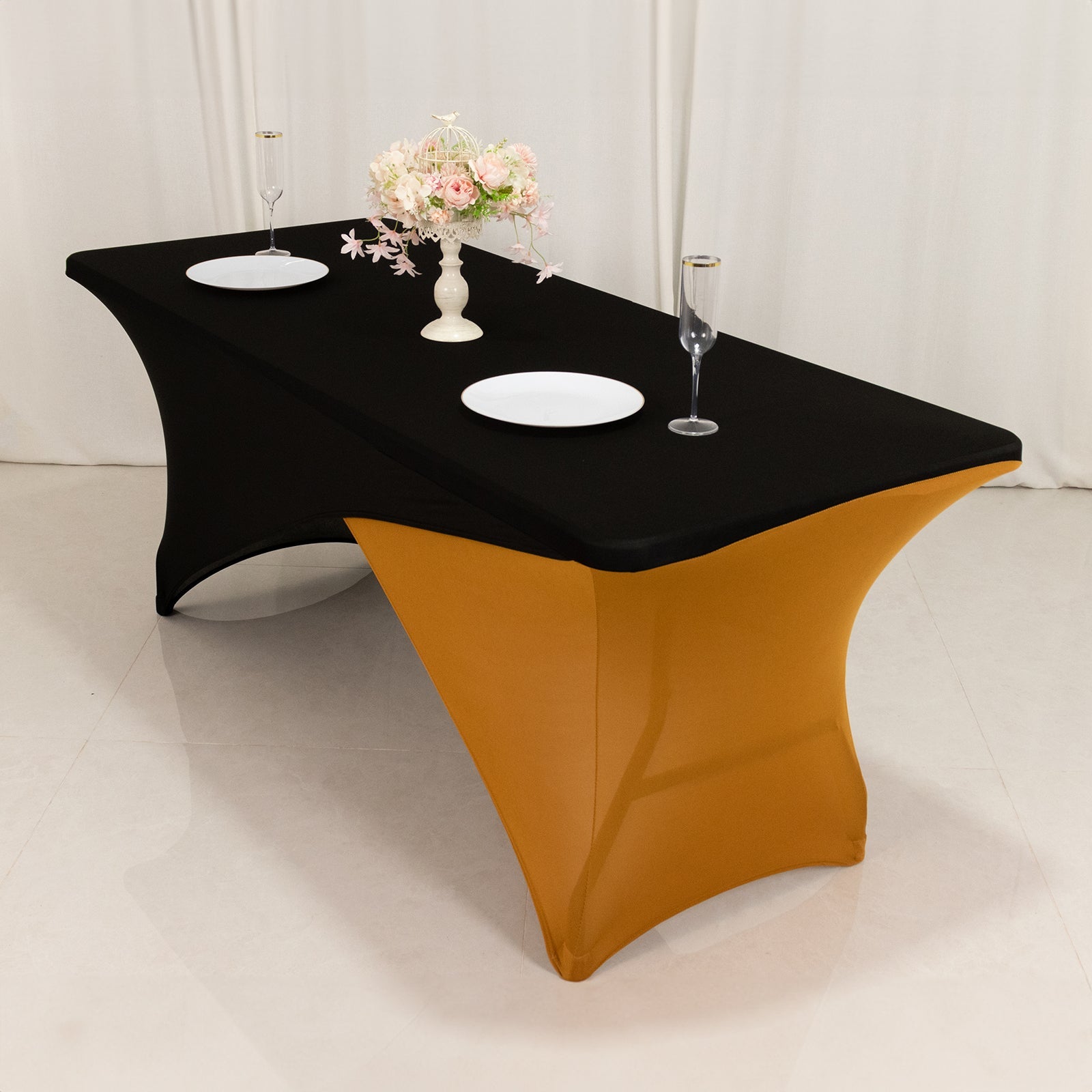 Stretch Spandex 72x30 Rectangle Table Cover Black/Gold Cross Over Design - Two-Piece Fitted Tablecloth with Elastic Foot Pockets