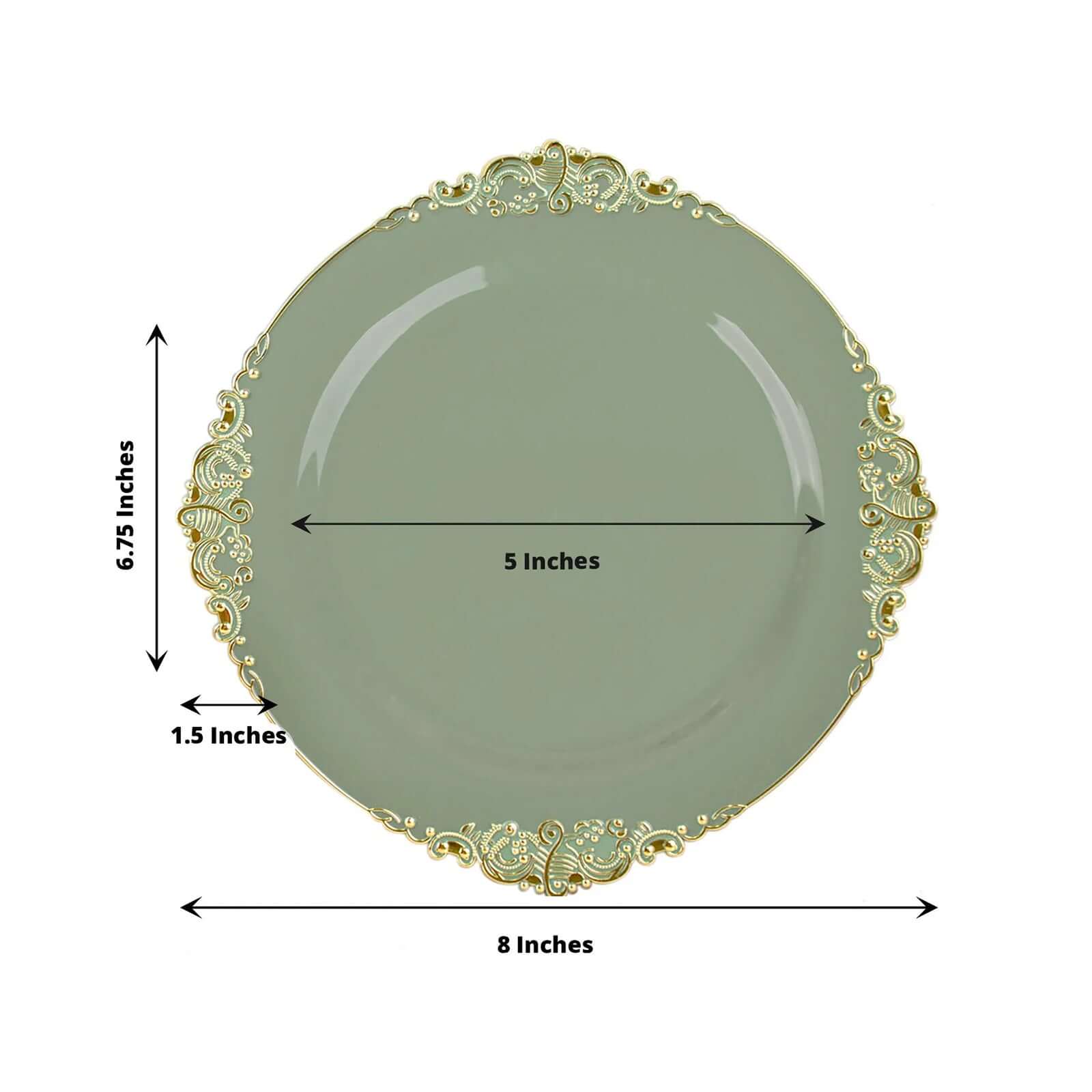 10-Pack Plastic 8 Round Dessert Plates in Dusty Sage Green with Gold Leaf Embossed Rim - Disposable Vintage Baroque Style Salad Plates