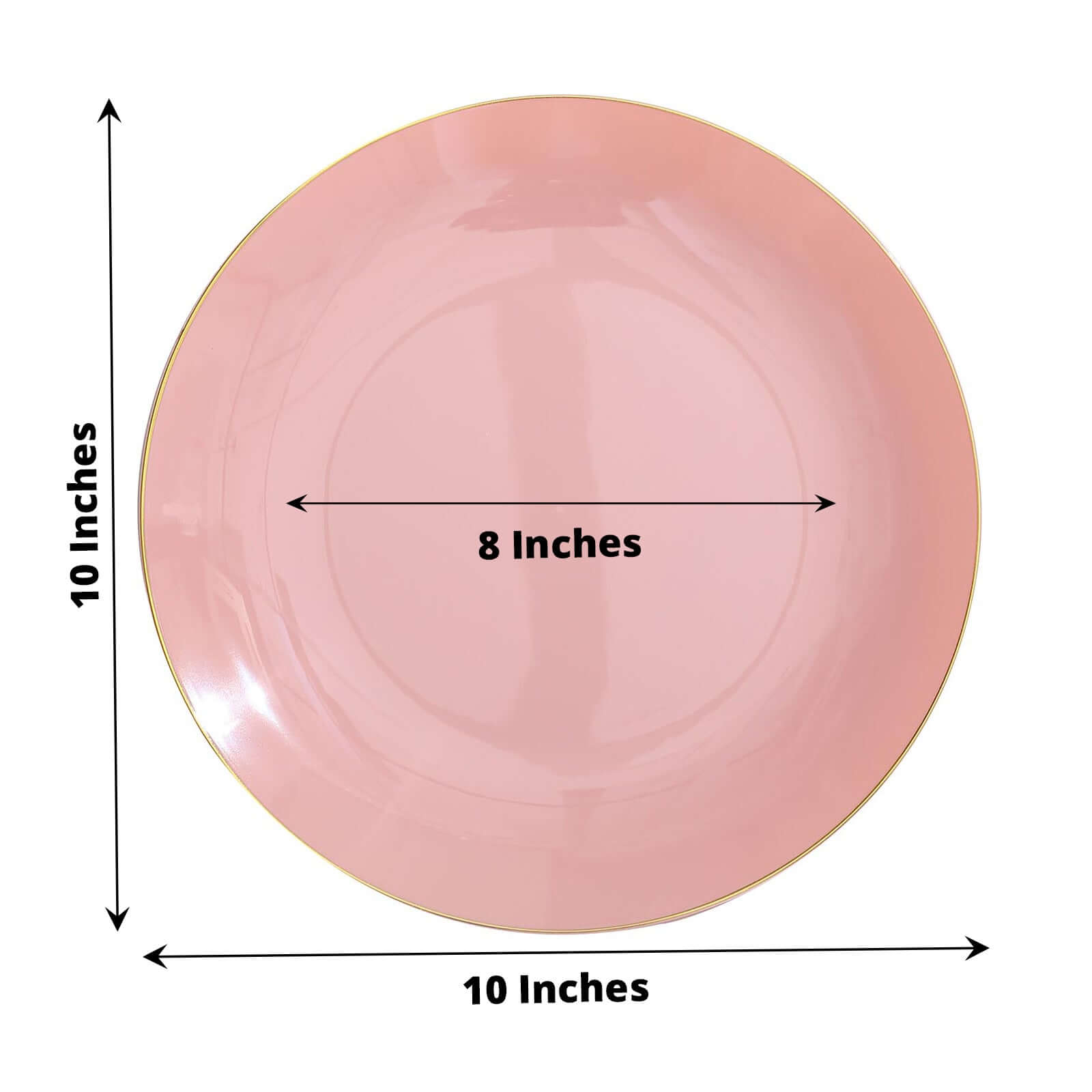 10-Pack Plastic 10 Round Dinner Plates in Dusty Rose with Gold Rim - Glossy Disposable Party Plates