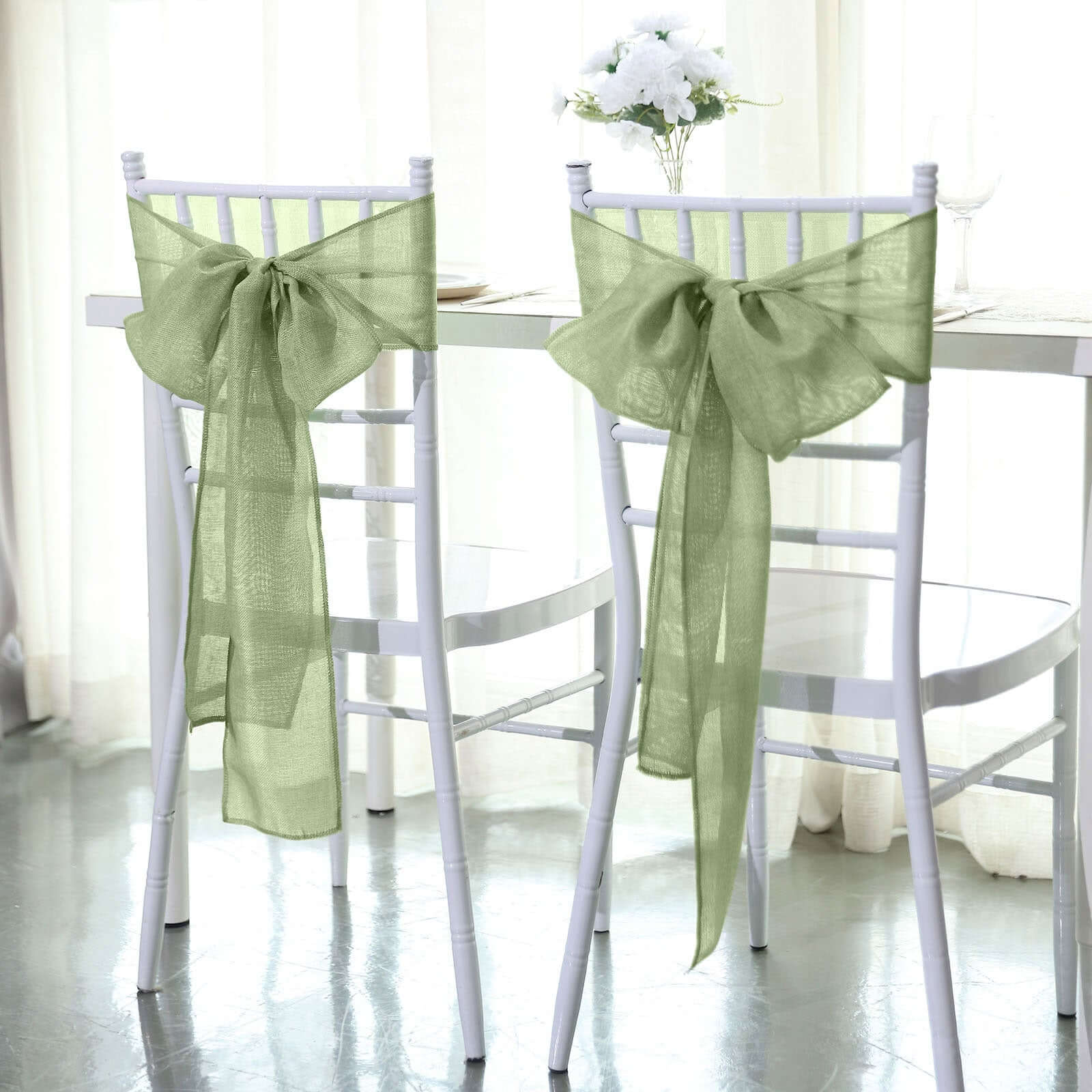 5 Pack Jute Faux Burlap 6x108 Chair Sashes Sage Green - Boho Chic Linen Decor