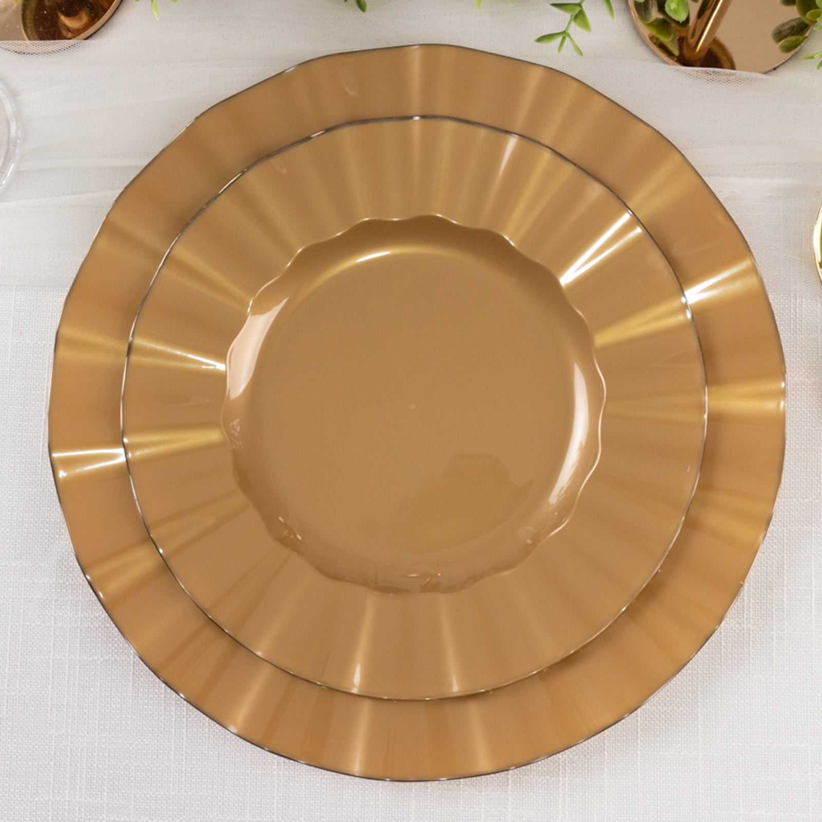 10-Pack Plastic 9 Round Dinner Plates in Gold with Ruffled Rim - Sturdy Disposable Dinnerware for Classy Events & Banquets