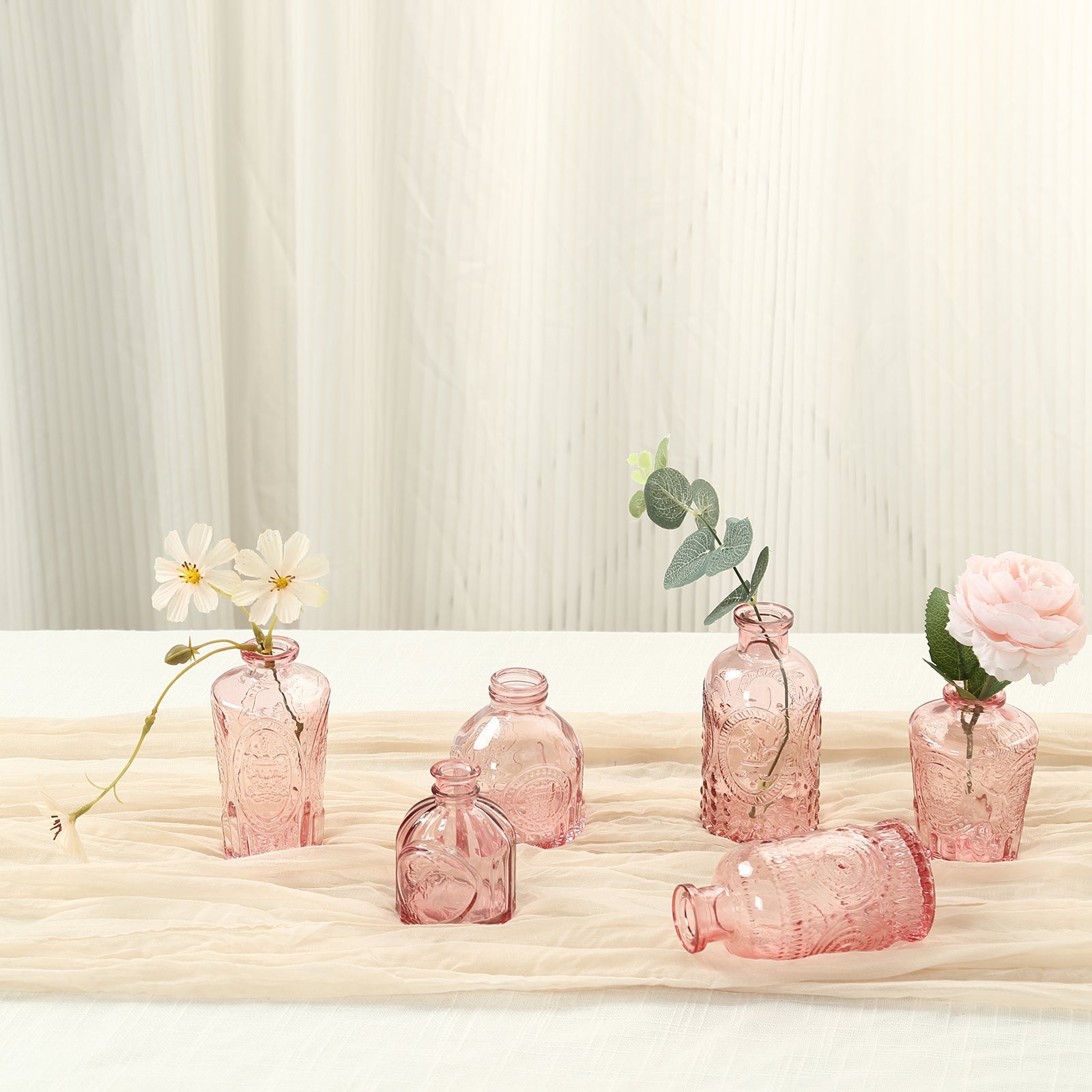 Set of 6 Embossed Glass Bud Vases Vintage Dusty Rose - Apothecary Style Decorative Table Centerpieces