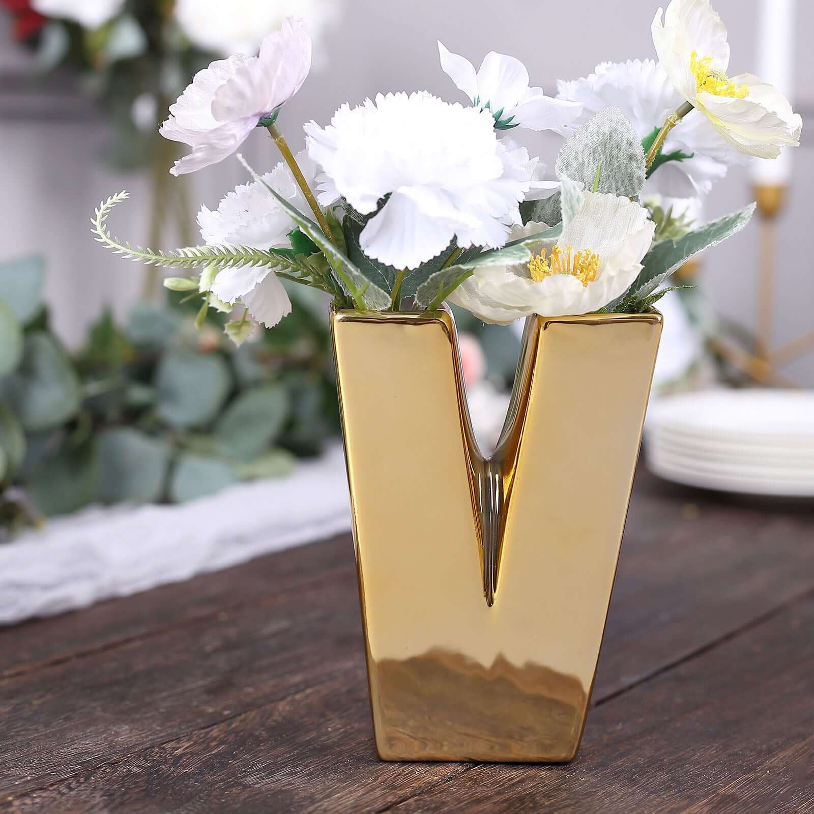 Shiny Ceramic Vase Letter V Gold Plated - Chic Bud Planter Pot for Events & Decor 6