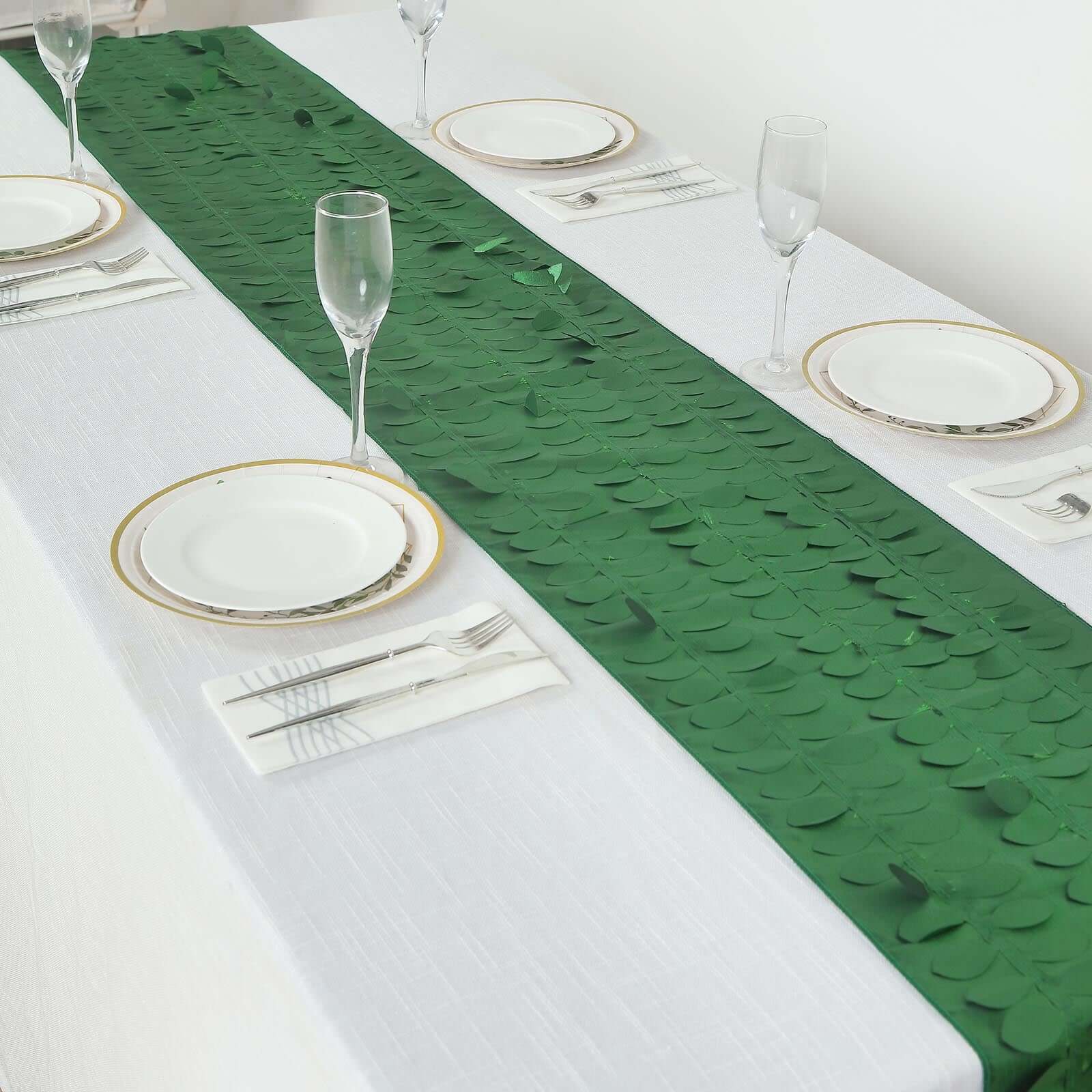 Taffeta Fabric 12x108 Table Runner Green - 3D Leaf Petal Design