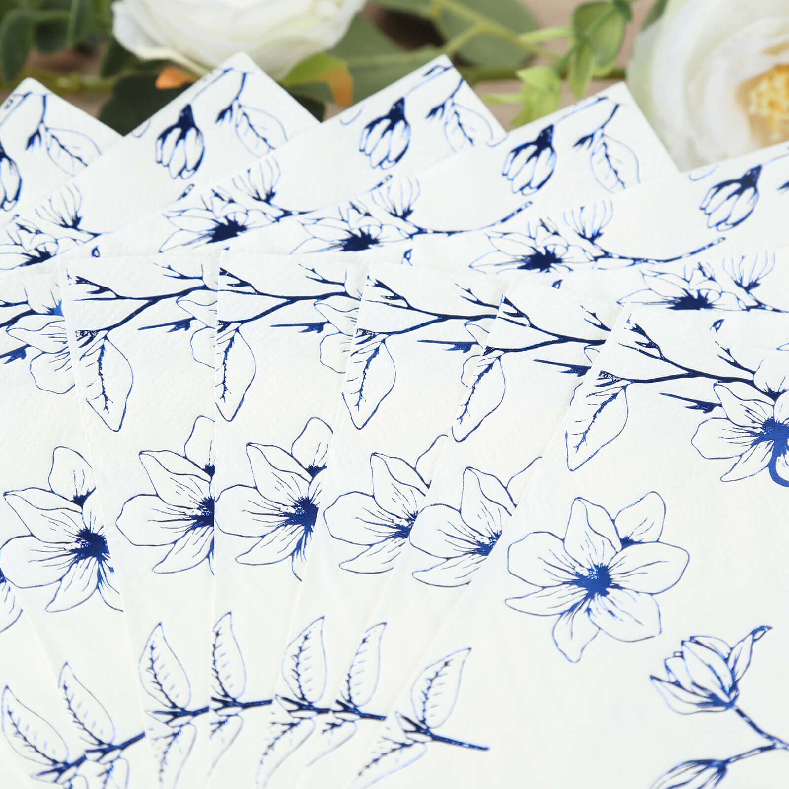 50-Pack Paper Cocktail Napkins with Blue Magnolia Flowers Print White - Highly 2 Ply Absorbent Soft Napkins for Beverages