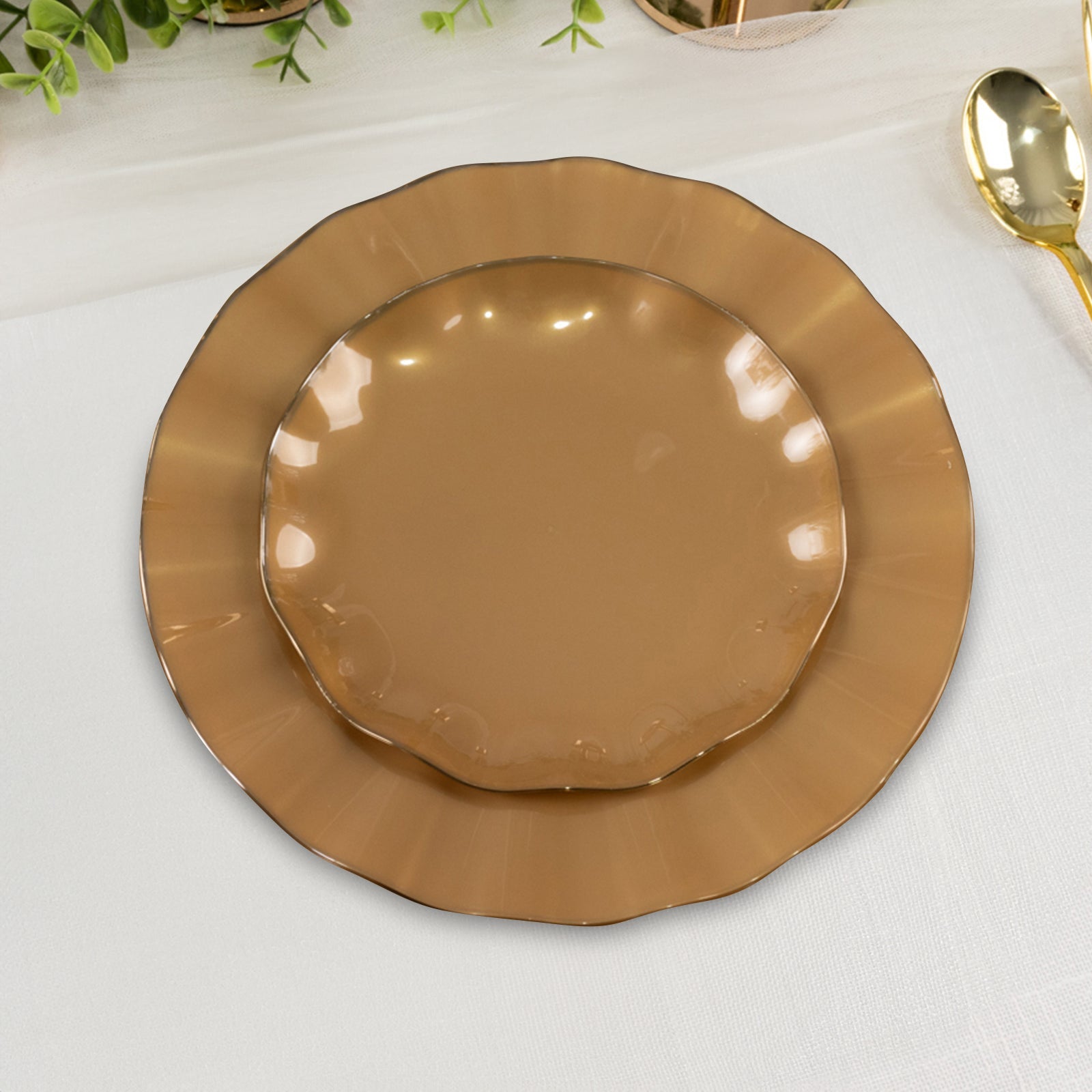 10-Pack Plastic Round 6 Dessert Plates in Gold with Ruffled Rim - Sturdy Disposable Salad Appetizer Dinnerware for Classy Events & Banquets