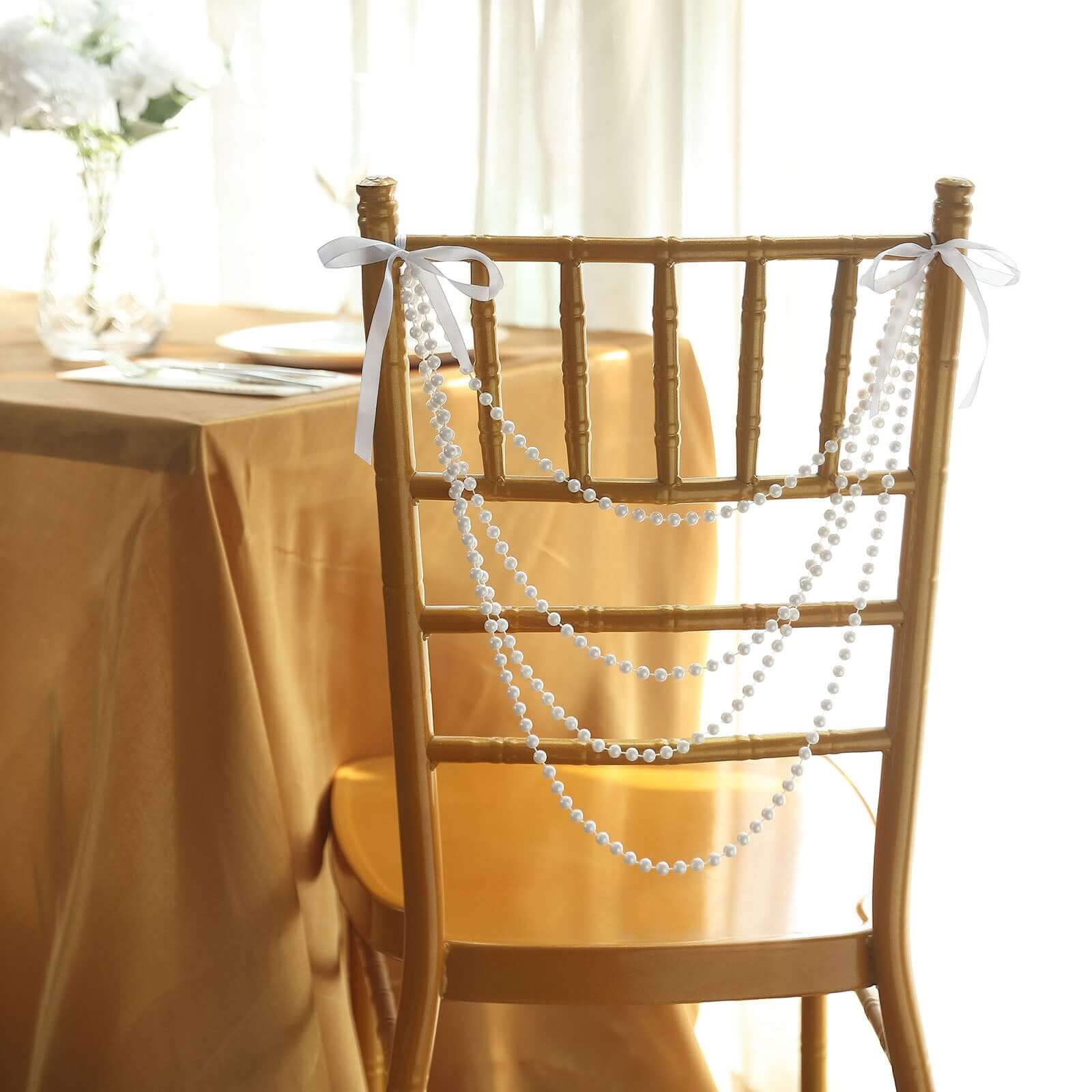 Faux Pearl Beaded 16 Chair Back Garland Sash White Gatsby-Inspired Style - Pre-Tied Chic Wedding Decor for Chiavari Chairs