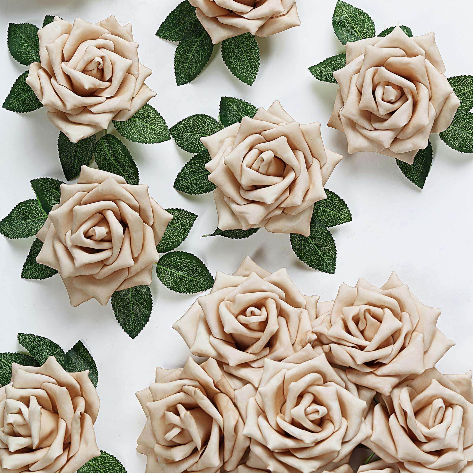 24 Roses 5 Champagne Artificial Foam Flowers With Stem Wire and Leaves