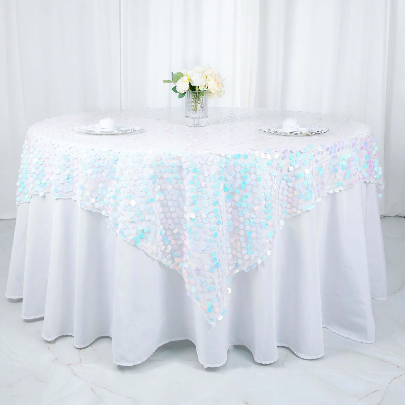 Sequin 72x72 Table Overlay Square Tablecloth Iridescent Blue - Big Payette Table Cover