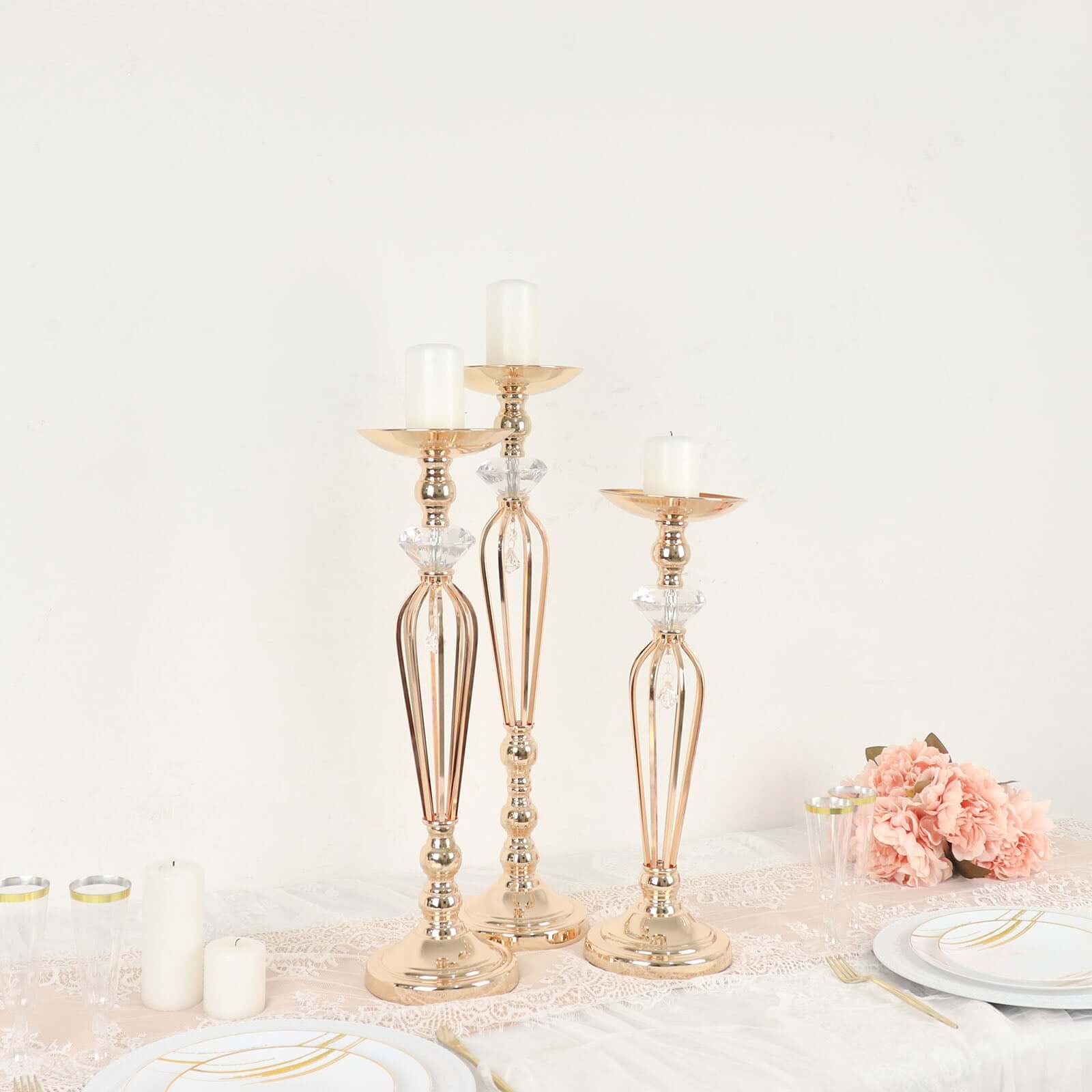 Set of 3 Metal Pedestal Stands with Crystal Ball Flower Bowl Design Gold - Pillar Candle Holders 20, 23, 25