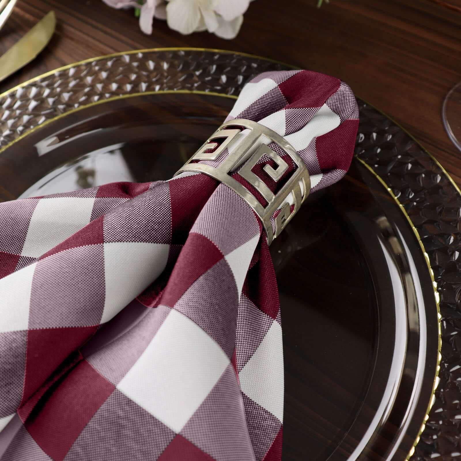 5 Pack Polyester 15x15 Napkins Burgundy/White Buffalo Plaid Gingham Style Cloth Napkins