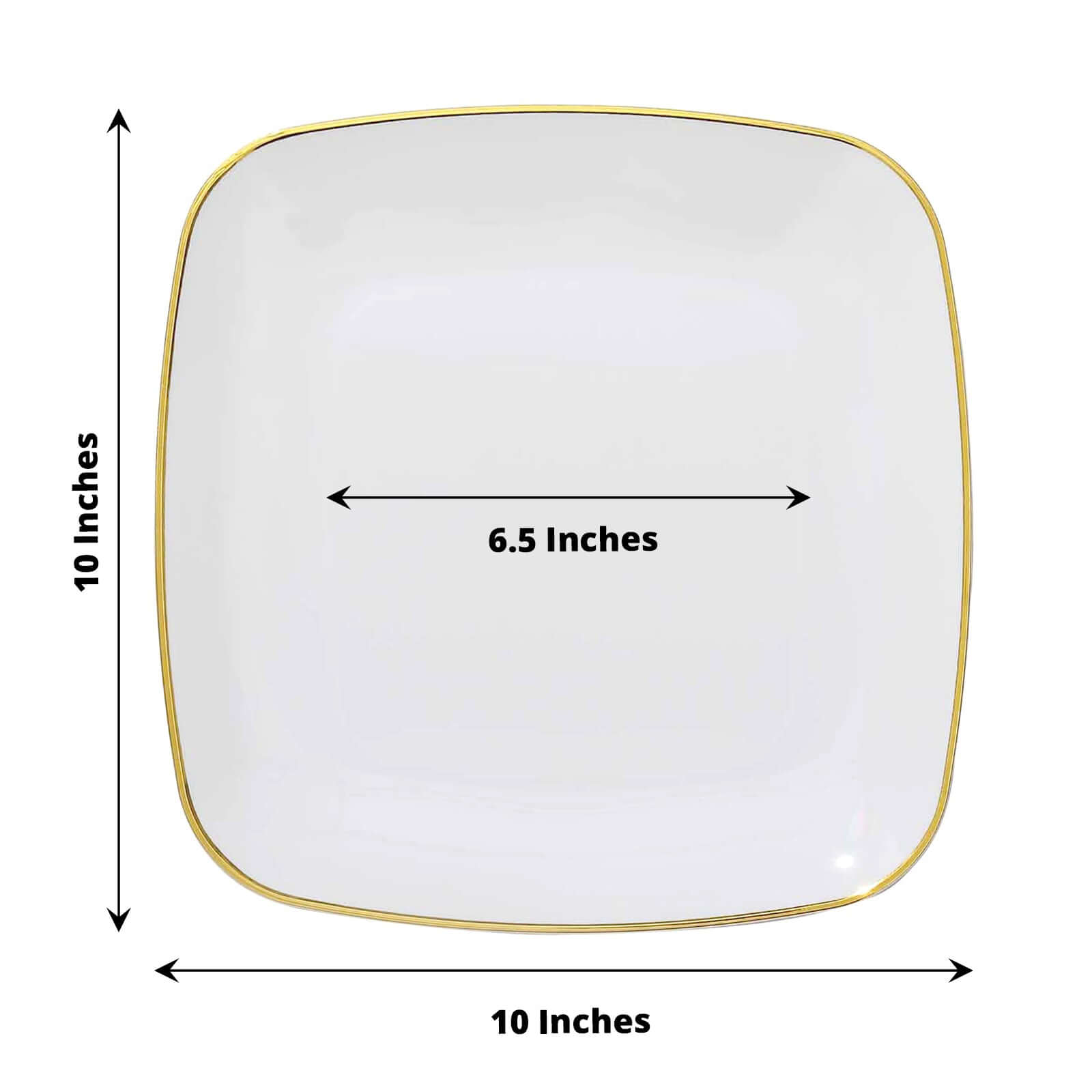 10-Pack Plastic 10 Square Dinner Plates in White with Gold Rim - Classy Disposable Lunch Party Plates for Weddings & Special Events