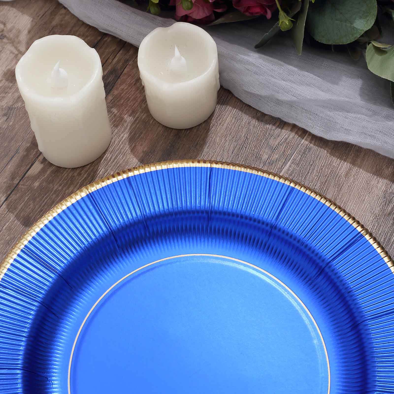 25-Pack Paper 10 Round Dinner Plates in Royal Blue Sunray Design with Gold Rim - Disposable Heavy Duty 350GSM Party Plates