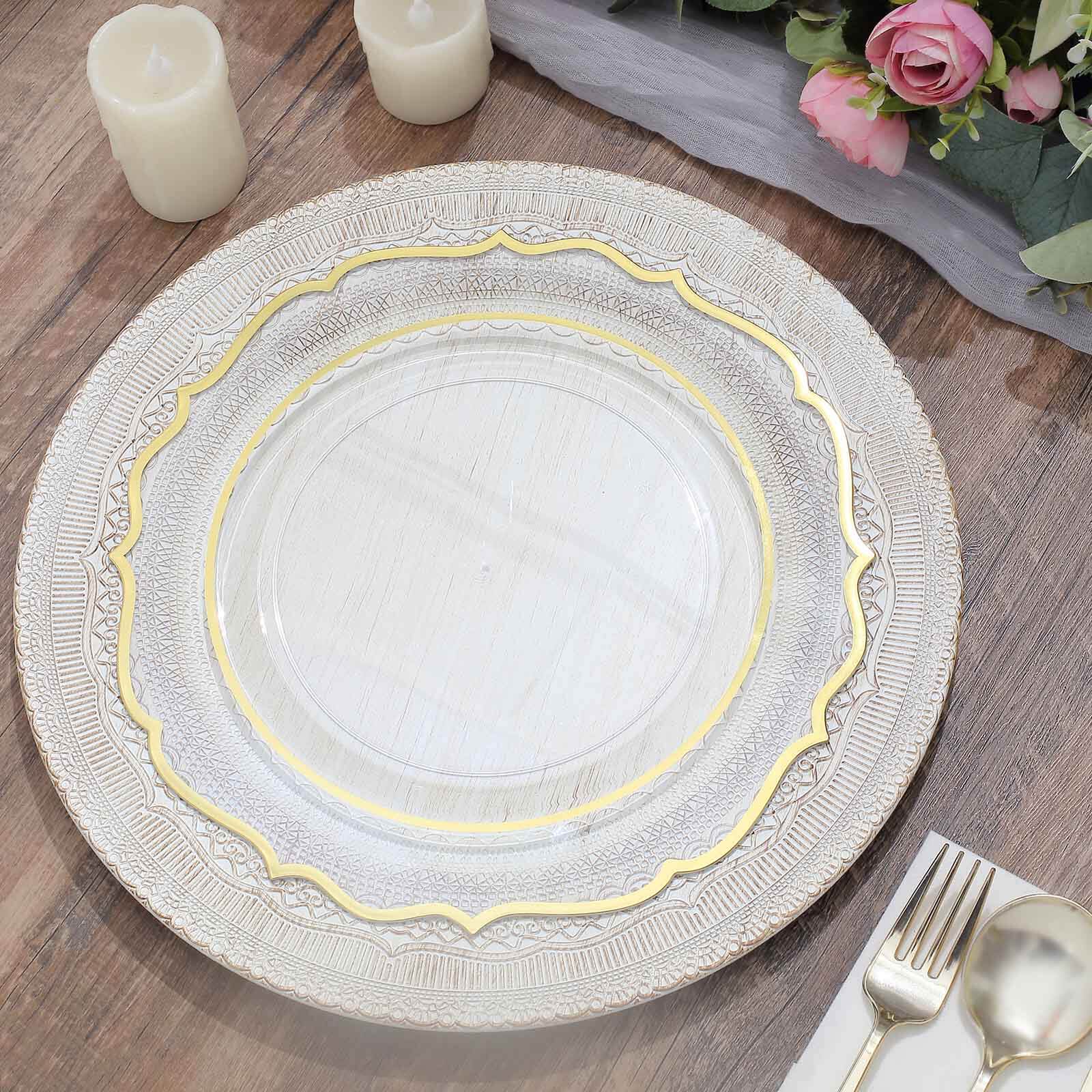 6-Pack Acrylic Round Charger Plates 13 in White with Lace Embossed Rim, Rustic Plastic Decorative Charger Tableware