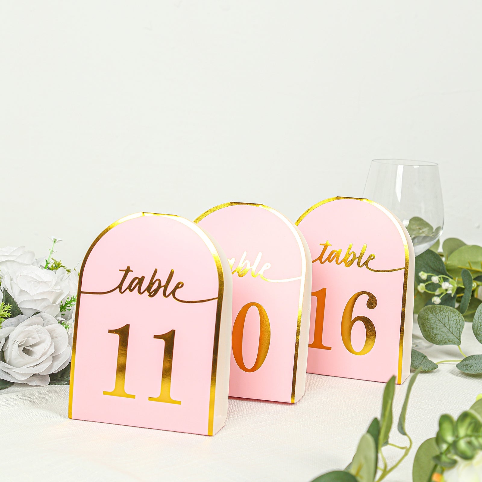 25-Pack Paper Wedding Table Numbers 1-25 Blush Arch Cutout Design - Sleek & Modern Free Standing Double Sided Table Tent Cards with Metallic Gold Foil Numbers 7