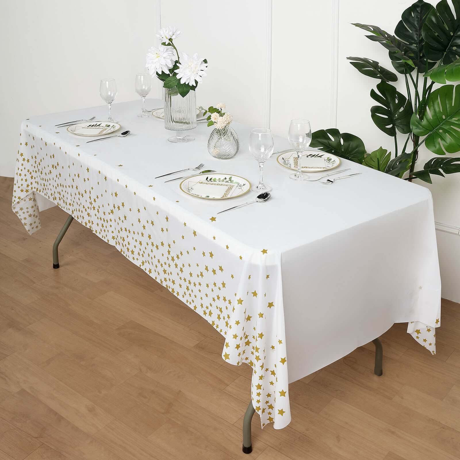 5-Pack Plastic Table Covers White Rectangle with Gold Stars - Decorative PVC Disposable Tablecloths 54x108