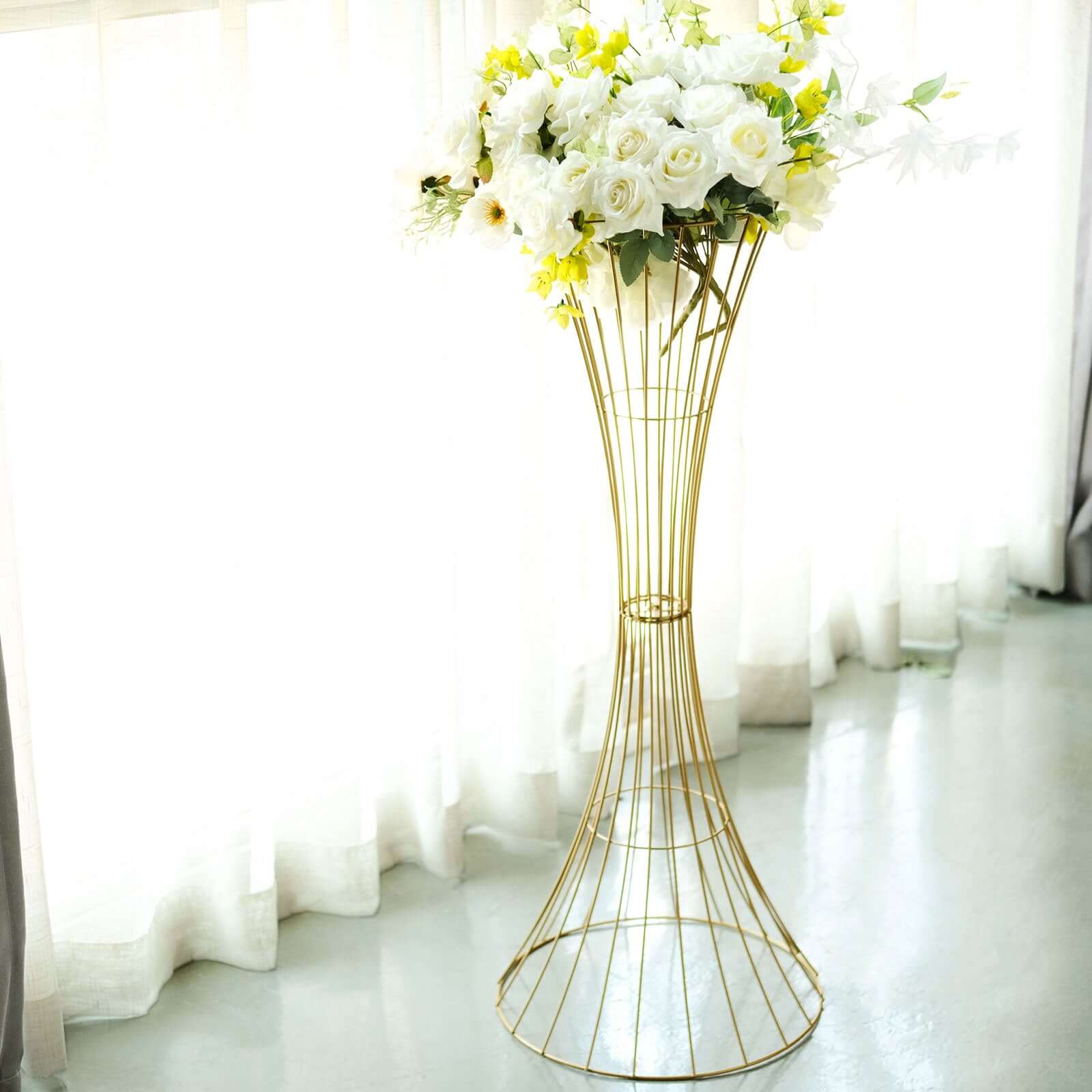 36 Tall Gold Metal Wire Hourglass Flower Frame Stand, Open Frame Reversible Trumpet Centerpiece Stand