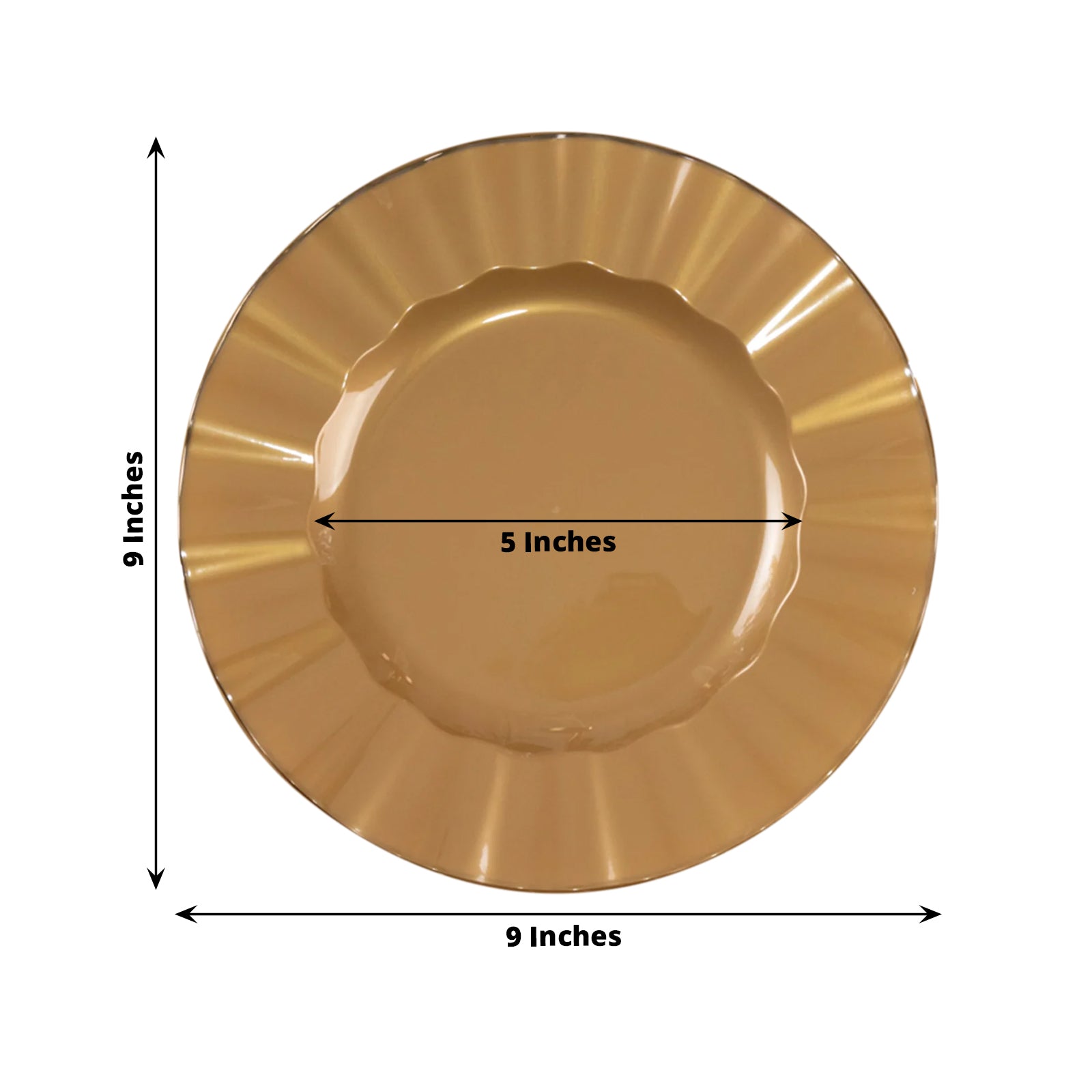 10-Pack Plastic 9 Round Dinner Plates in Gold with Ruffled Rim - Sturdy Disposable Dinnerware for Classy Events & Banquets