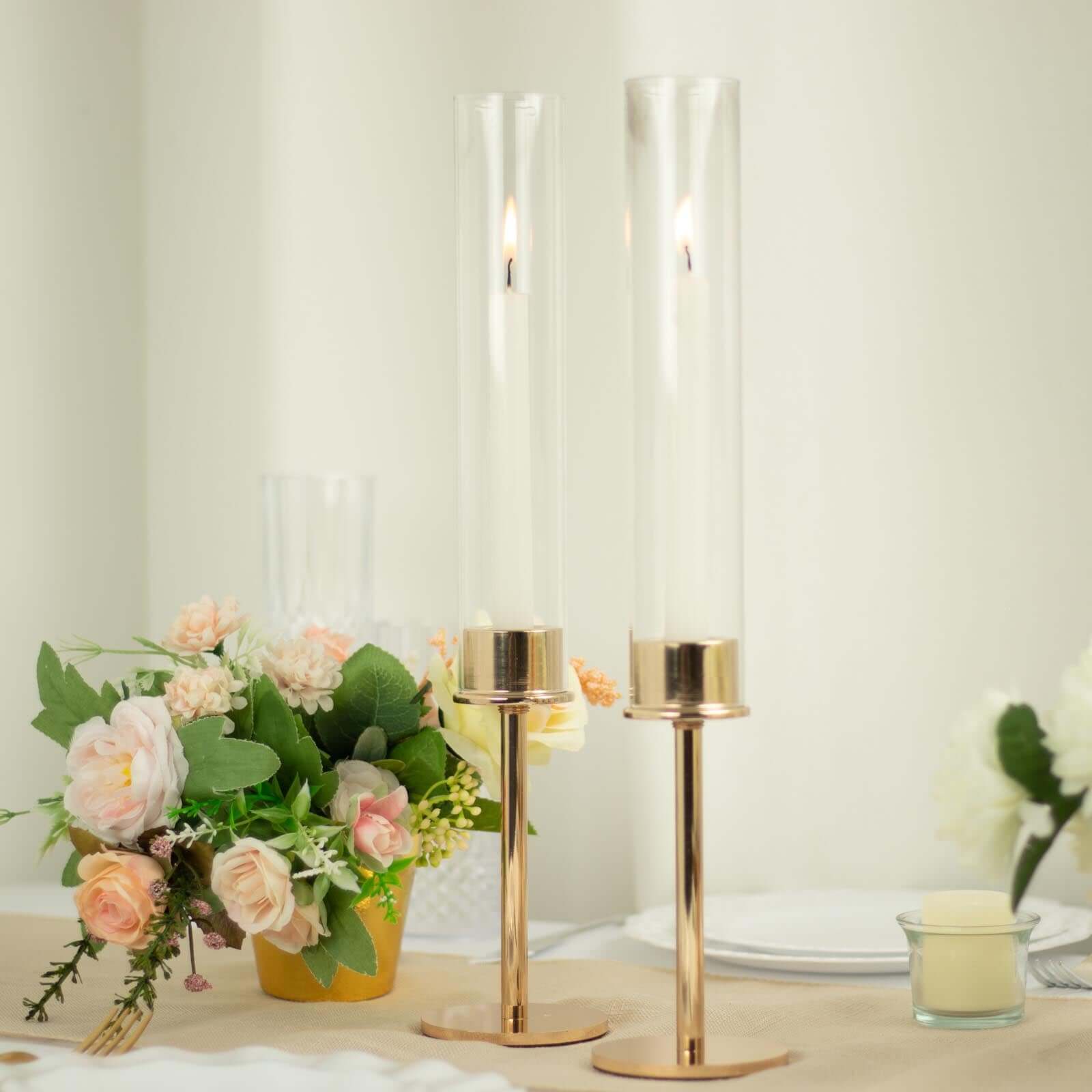 2-Pack Gold Metal Taper Candlestick Holders, Clear Glass Hurricane Candle Stands With Chimney Candle Shades 16