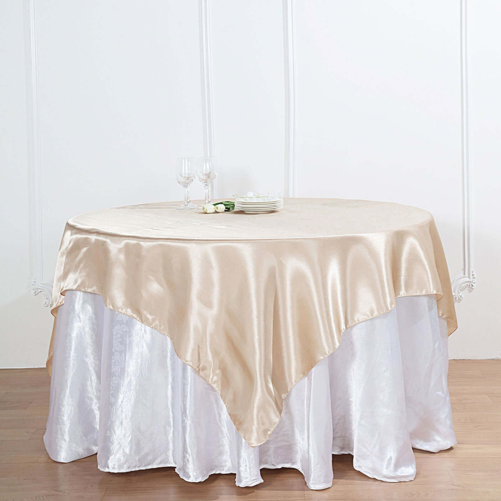 Satin 60x60 Table Overlay Square Tablecloth Beige - Smooth Silky Touch Table Cover