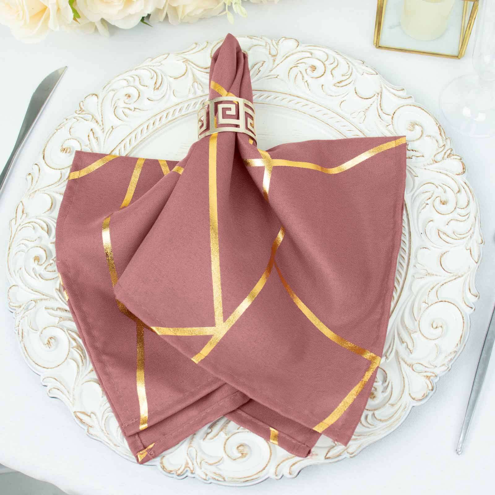 7 Pack Polyester 20x20 Napkins Cinnamon Rose with Gold Geometric Foil Pattern - Modern Reusable Dinner Napkins