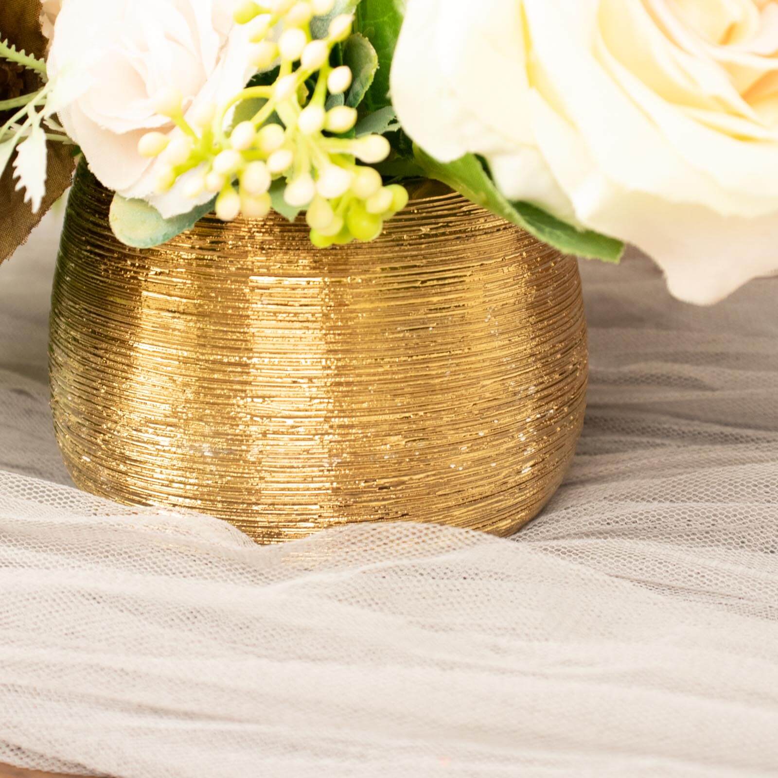 4-Pack Flower Vase Pots Textured Round Design Gold - Ceramic Brushed Indoor Planters 3