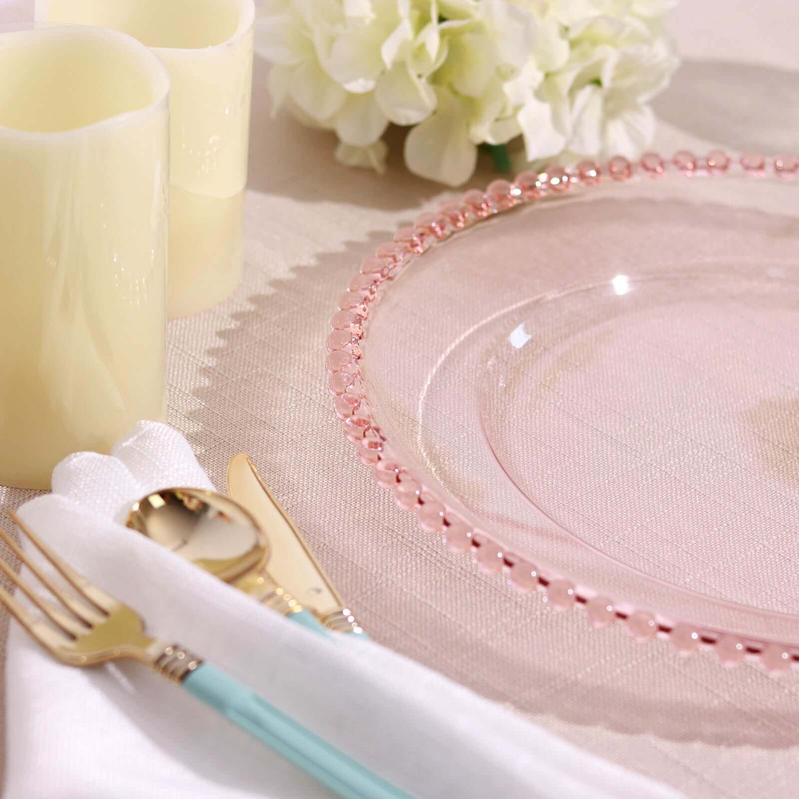 6-Pack Acrylic Round Charger Plates 13 in Transparent Blush with Beaded Rim, Decorative Dinner Party Serving Plates