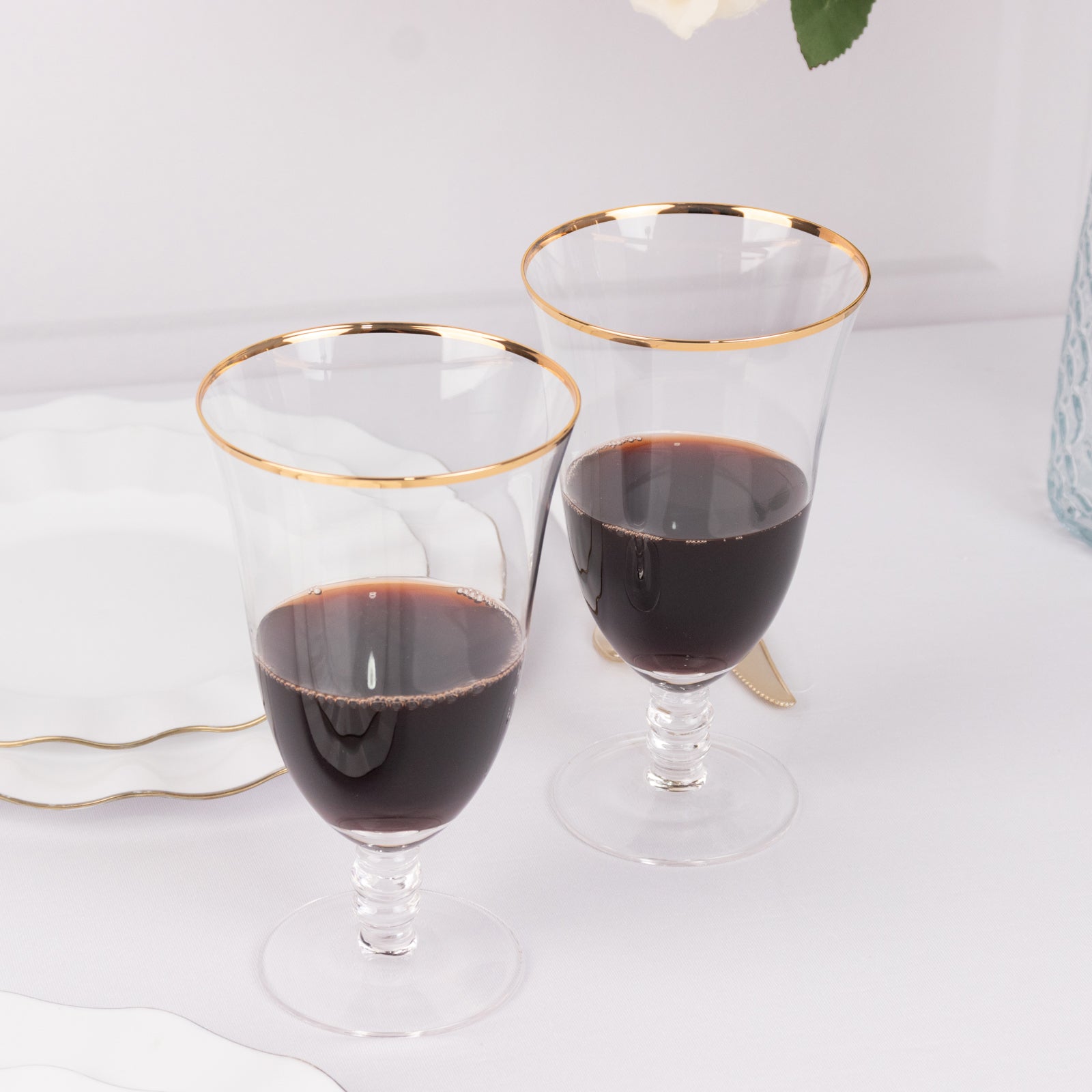6-Pack Red Wine Glasses Clear Gold Rimmed Design with Short Beaded Stem - Chic Crystal Goblets for Drinks & Events 16oz 7