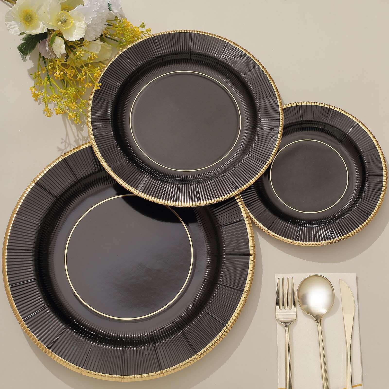 25-Pack Paper 10 Round Dinner Plates in Black Sunray Design with Gold Rim - Disposable Heavy Duty 350GSM Party Plates for Banquets & Celebrations