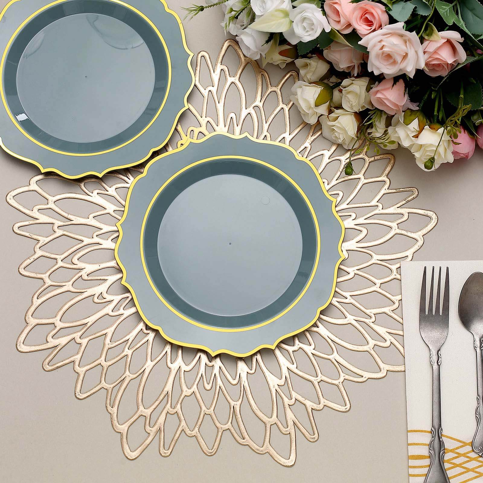 10-Pack Plastic 8 Round Desert Plates in Dusty Blue with Gold Scalloped Rim - Disposable Appetizer/Salad Plates