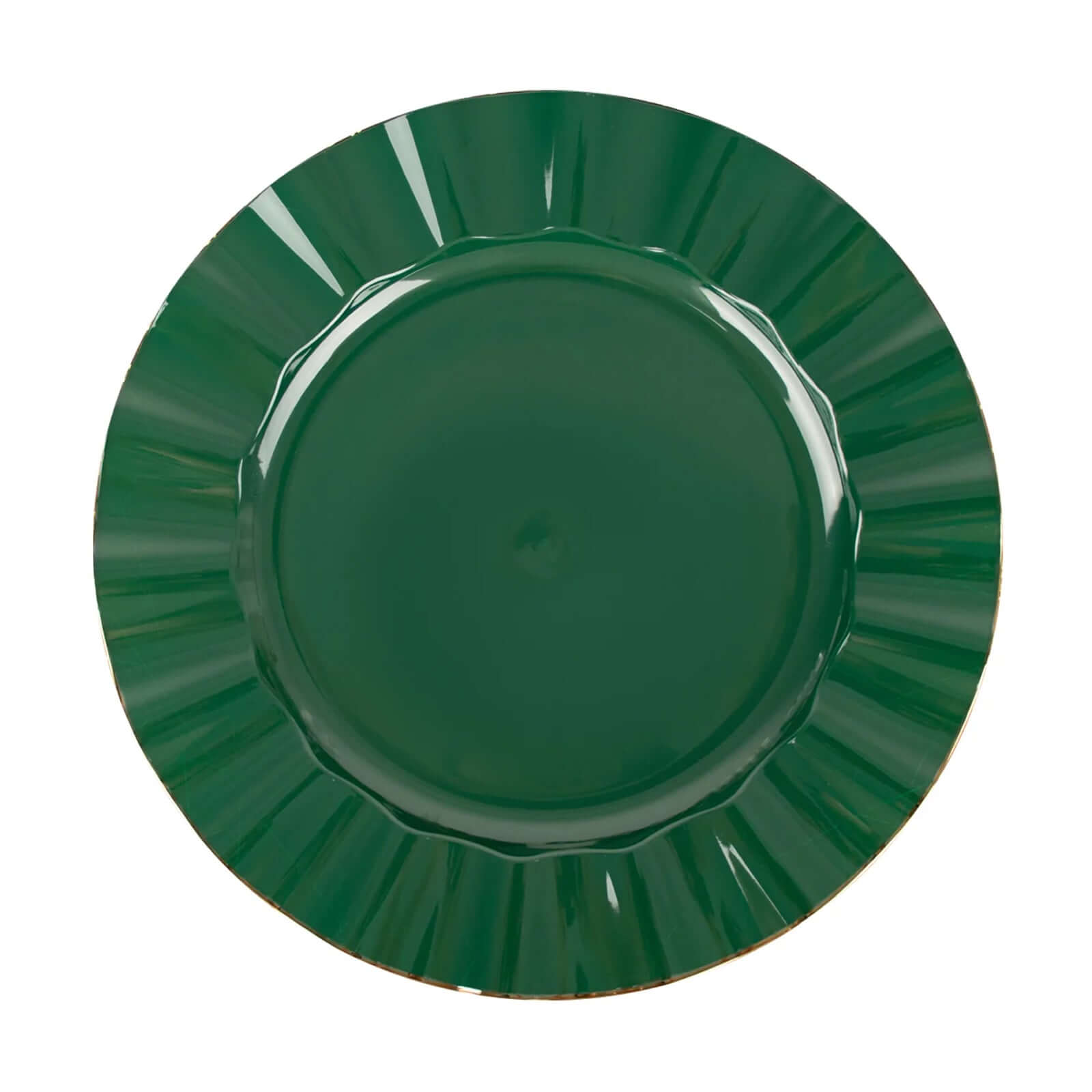 10-Pack Plastic 9 Round Dinner Plates in Hunter Emerald Green Ruffled Rim with Gold Edging - Sturdy Disposable Dinnerware