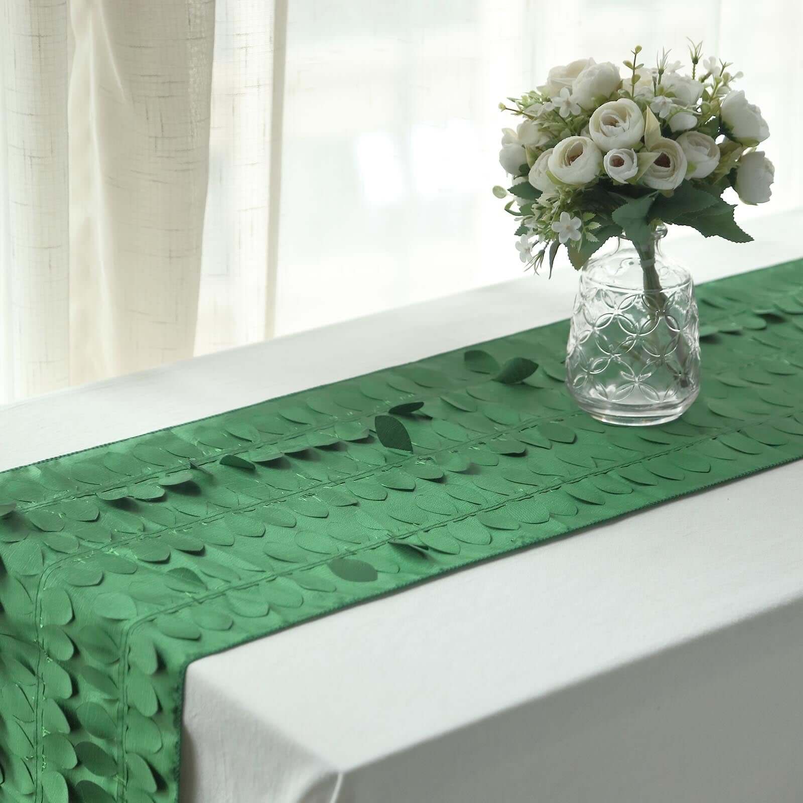 Taffeta Fabric 12x108 Table Runner Green - 3D Leaf Petal Design