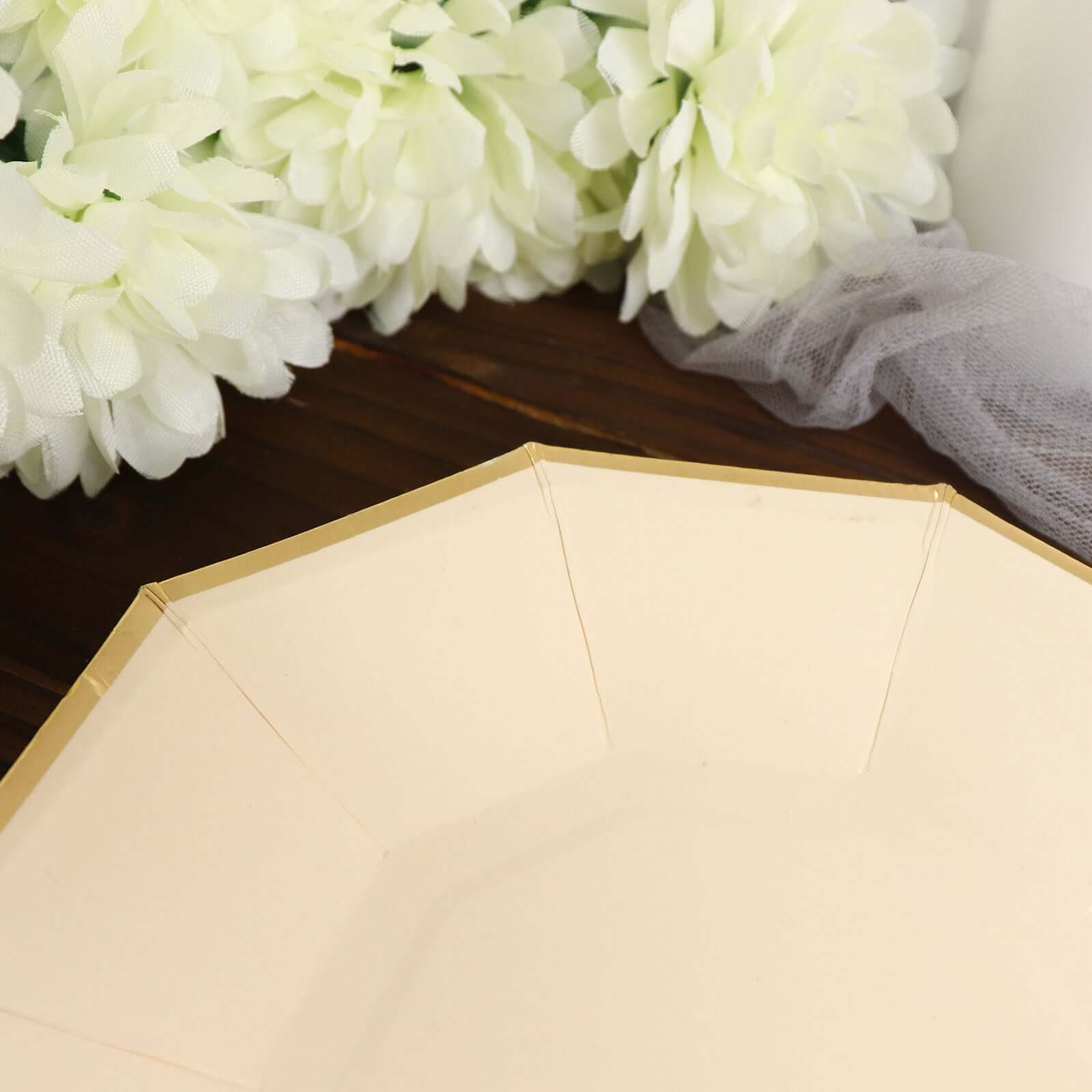 25-Pack Paper 7 Decagon Appetizer Plates in Beige with Gold Foil Rim - Stylish Geometric Dessert/Salad Plates for Cocktail Parties & Receptions