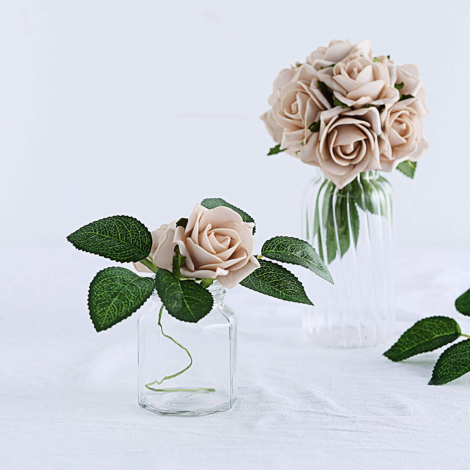 24 Roses 2 Champagne Artificial Foam Flowers With Stem Wire and Leaves