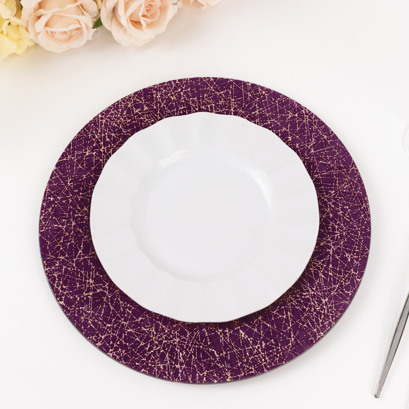 6-Pack Acrylic Round Charger Plates 13 in Purple with Gold Glitter Abstract Lines Pattern, Decorative Dinner Party Charger Tableware