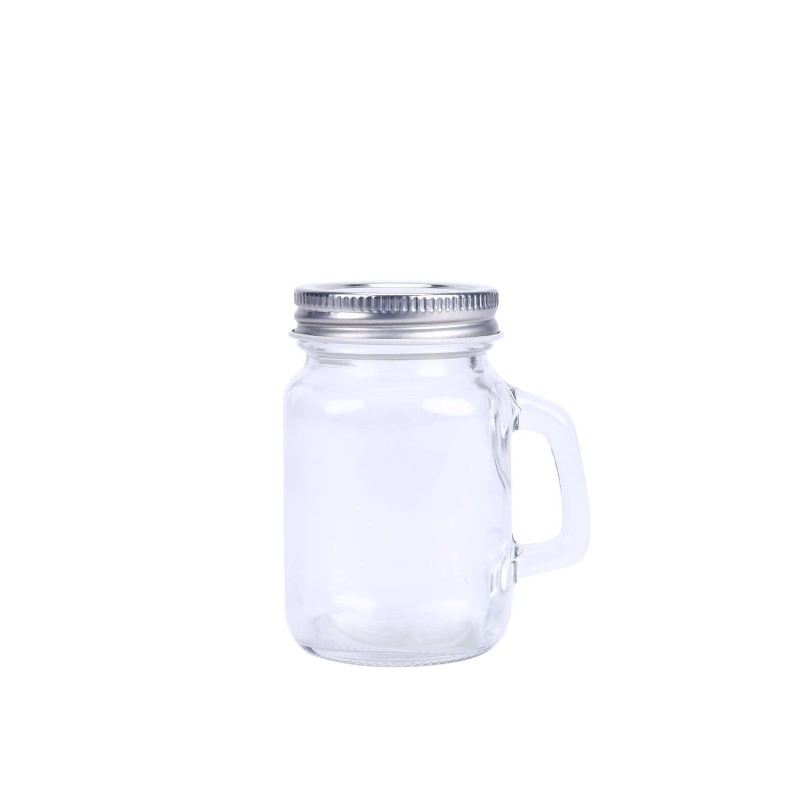 12-Pack Glass Mason Jars Rustic Design Clear with Handles and Silver Screw-On Lids - Trendy Containers for Drinks & Events 4oz