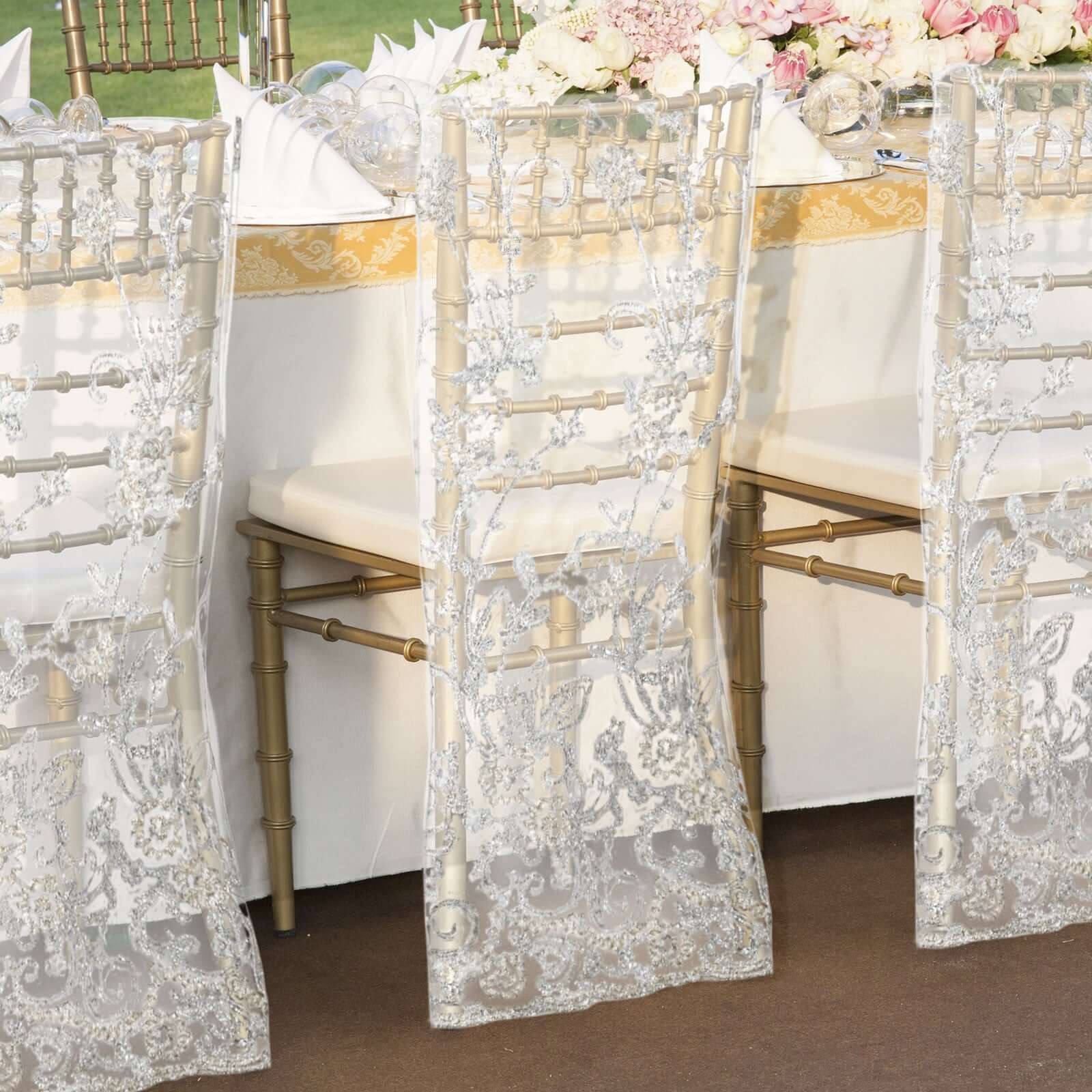 Organza Chiavari Chair Slipcover with Floral Sequin Embroidery White - Stylish Lace Chair Back Cover for Weddings