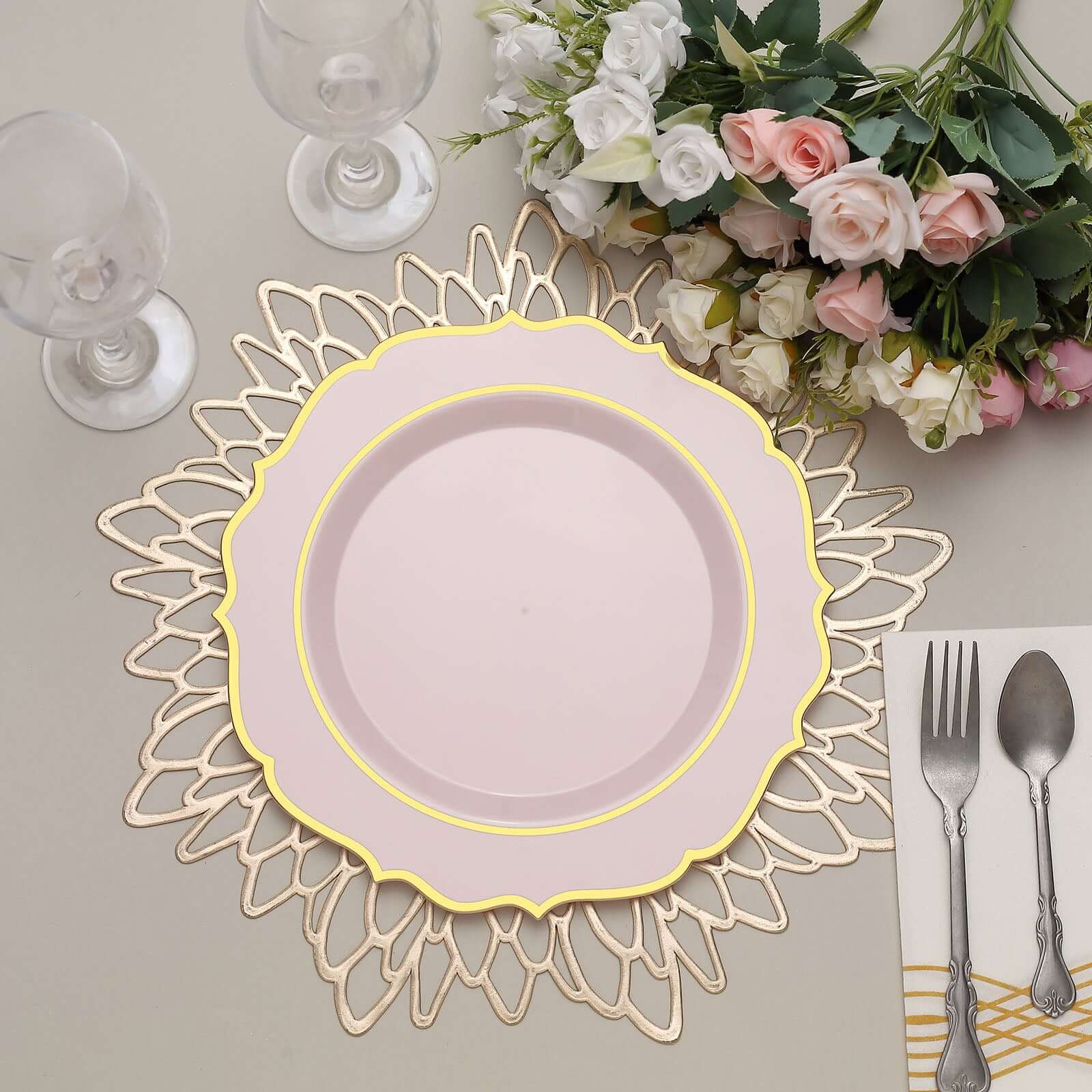 10-Pack Plastic 10 Round Dinner Plates in Blush with Gold Scalloped Rim - Disposable Party Plates