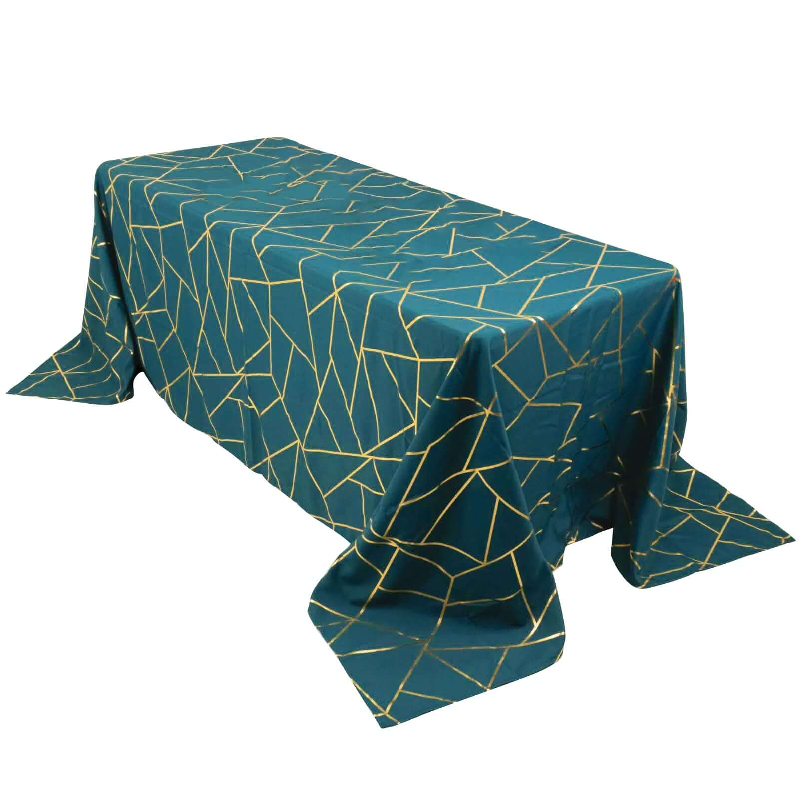 90x132 Peacock Teal Seamless Rectangle Polyester Tablecloth With Gold Foil Geometric Pattern for 6 Foot Table With Floor-Length Drop