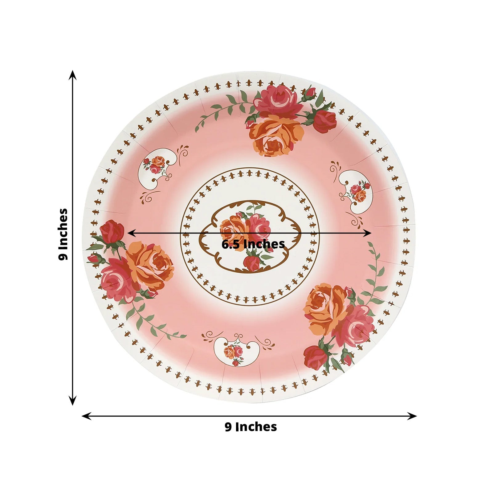 25-Pack Paper 9 Round Dinner Plates in Dusty Rose with Vintage Rose Flower Print - Disposable Plates