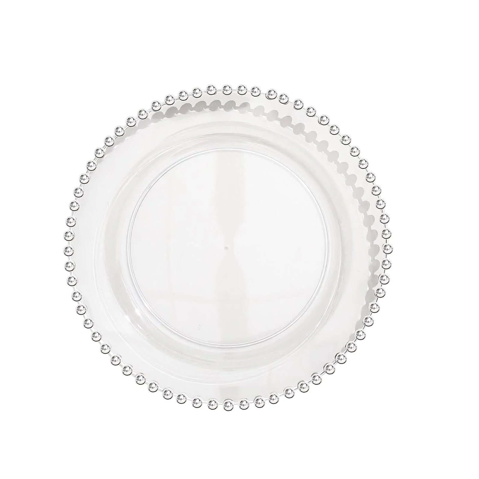 10-Pack Plastic 8 Round Appetizer Dessert Plates in Clear with Silver Beaded Rim - Disposable Salad Plates