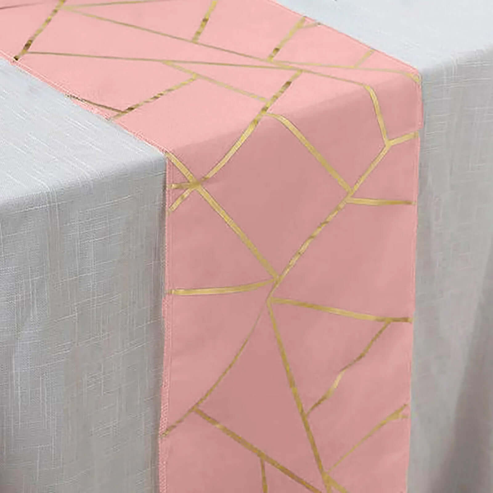 Polyester 9ft Table Runner Dusty Rose with Gold Foil Modern Geometric Accent