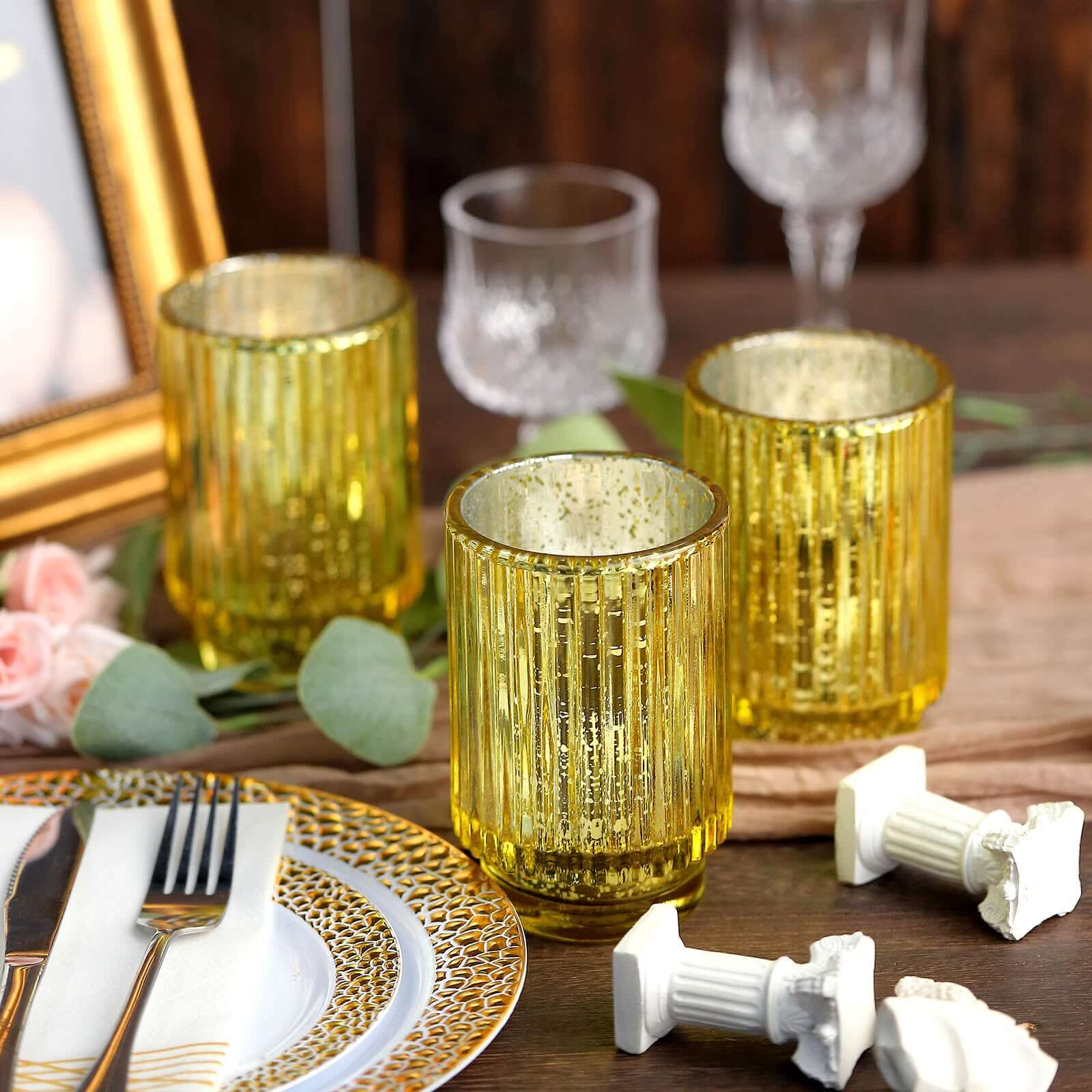 3-Pack Mercury Glass Hurricane Candle Holders Gold Wavy Column Design - Votive Pillar Vase 5