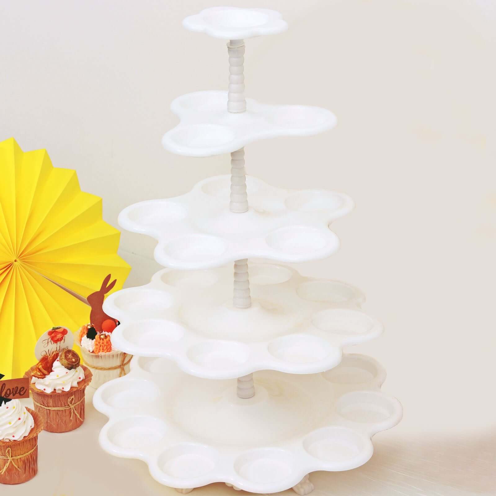 5-Tier Plastic Cupcake Holder Stand White - Dessert Tower with Scalloped Edge Design Versatile Display for Sweet Treats18